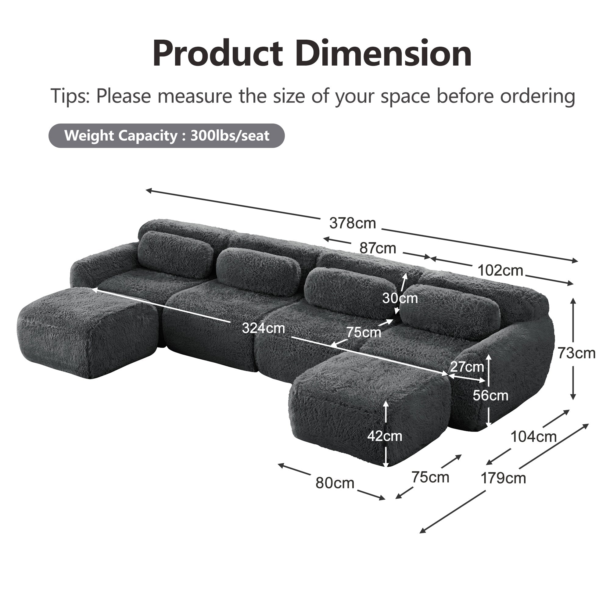 U-Shaped Modular Sofa, No Assembly, Freely Combinable Plush Fabric, Grey
