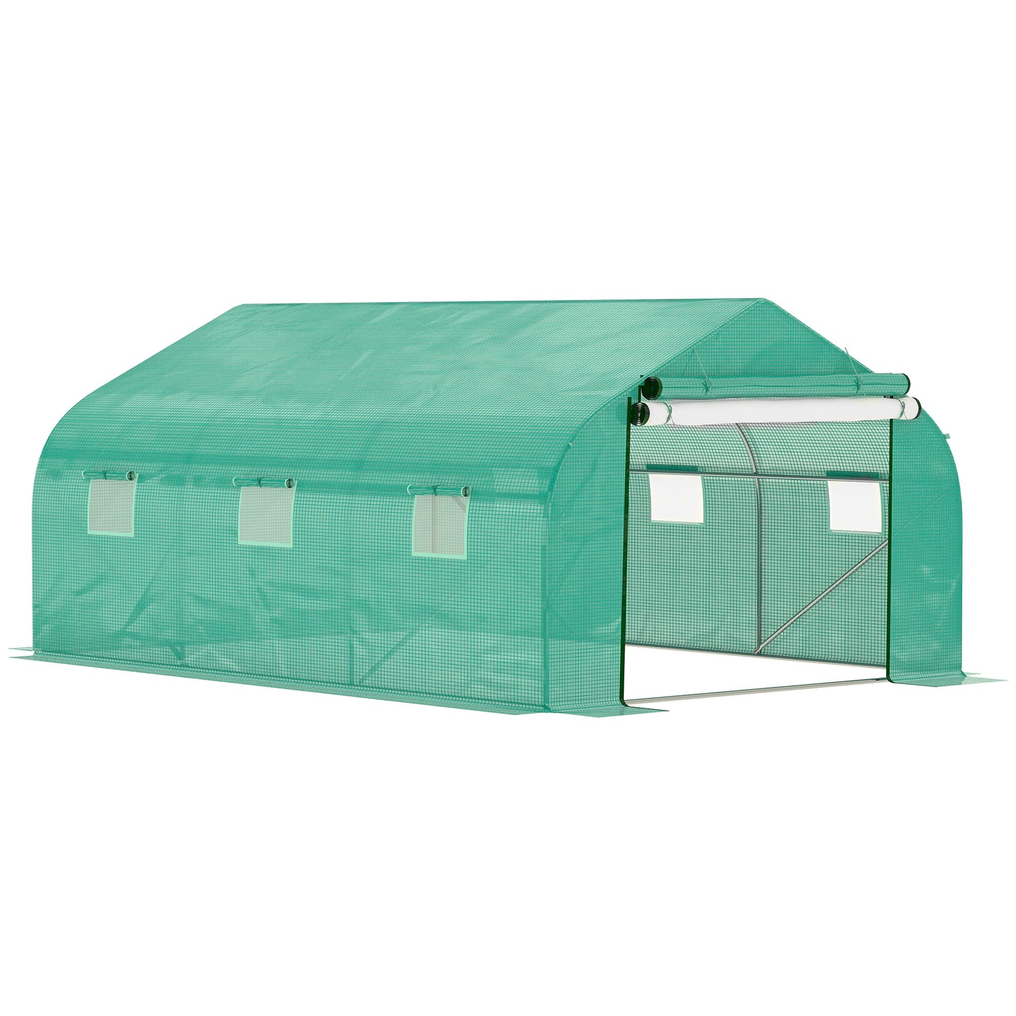 Walk-in Polytunnel Greenhouse, Outdoor Mesh Door & 6 Windows, PE Cover, Green