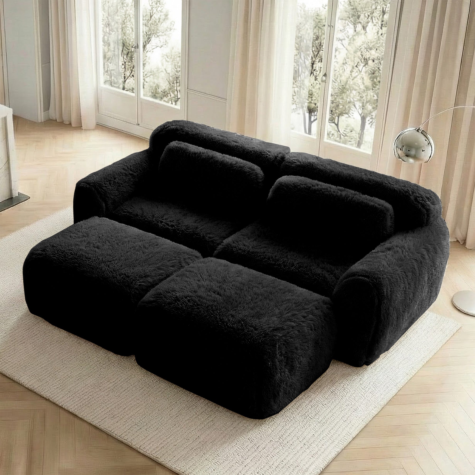 Boneless Cloud Sofas Modular Sleeper Sofa Two-Seater with 2 Ottomans No Assembly Plush Black