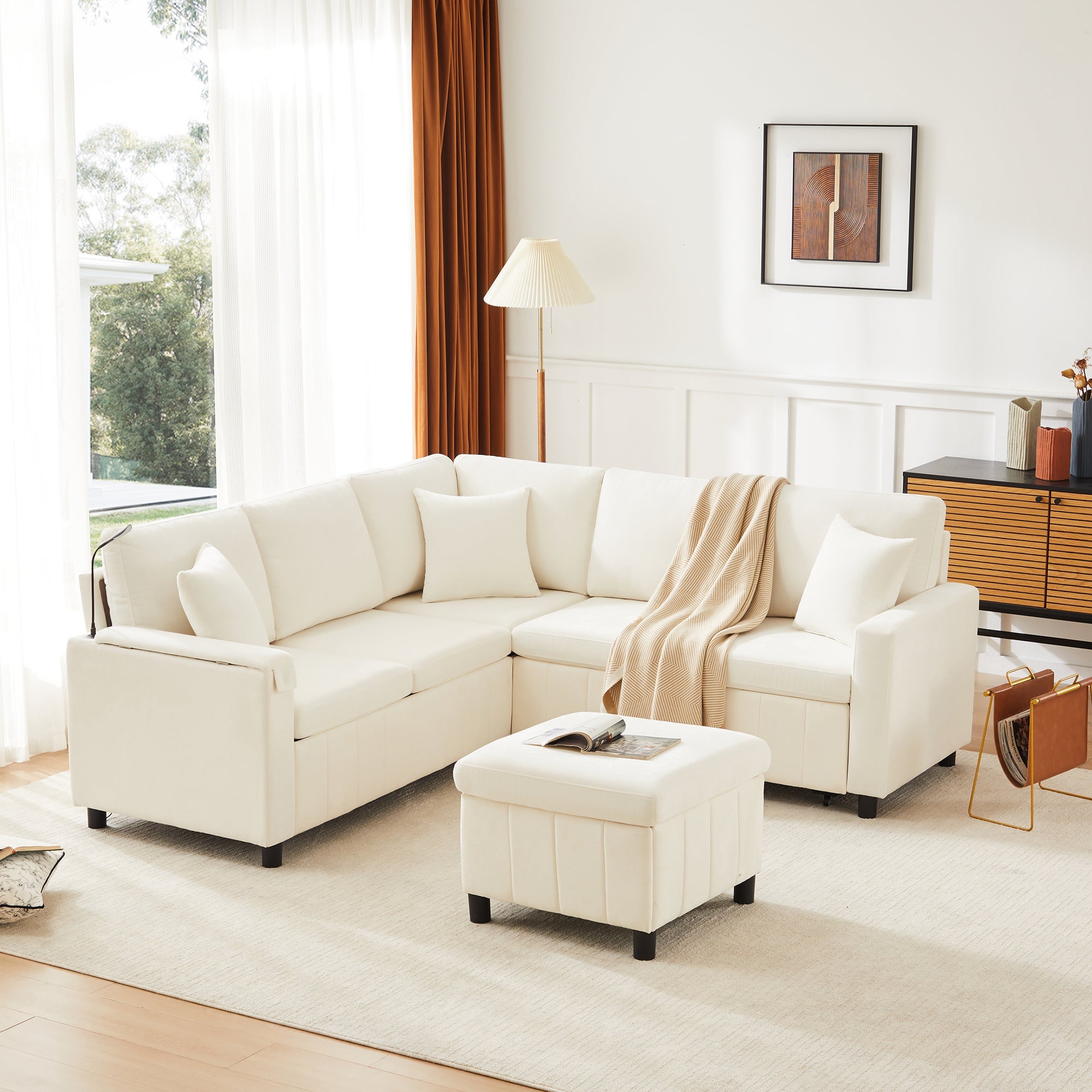 Chenille Corner Sofa Bed with Ottoman and USB Charging, Beige