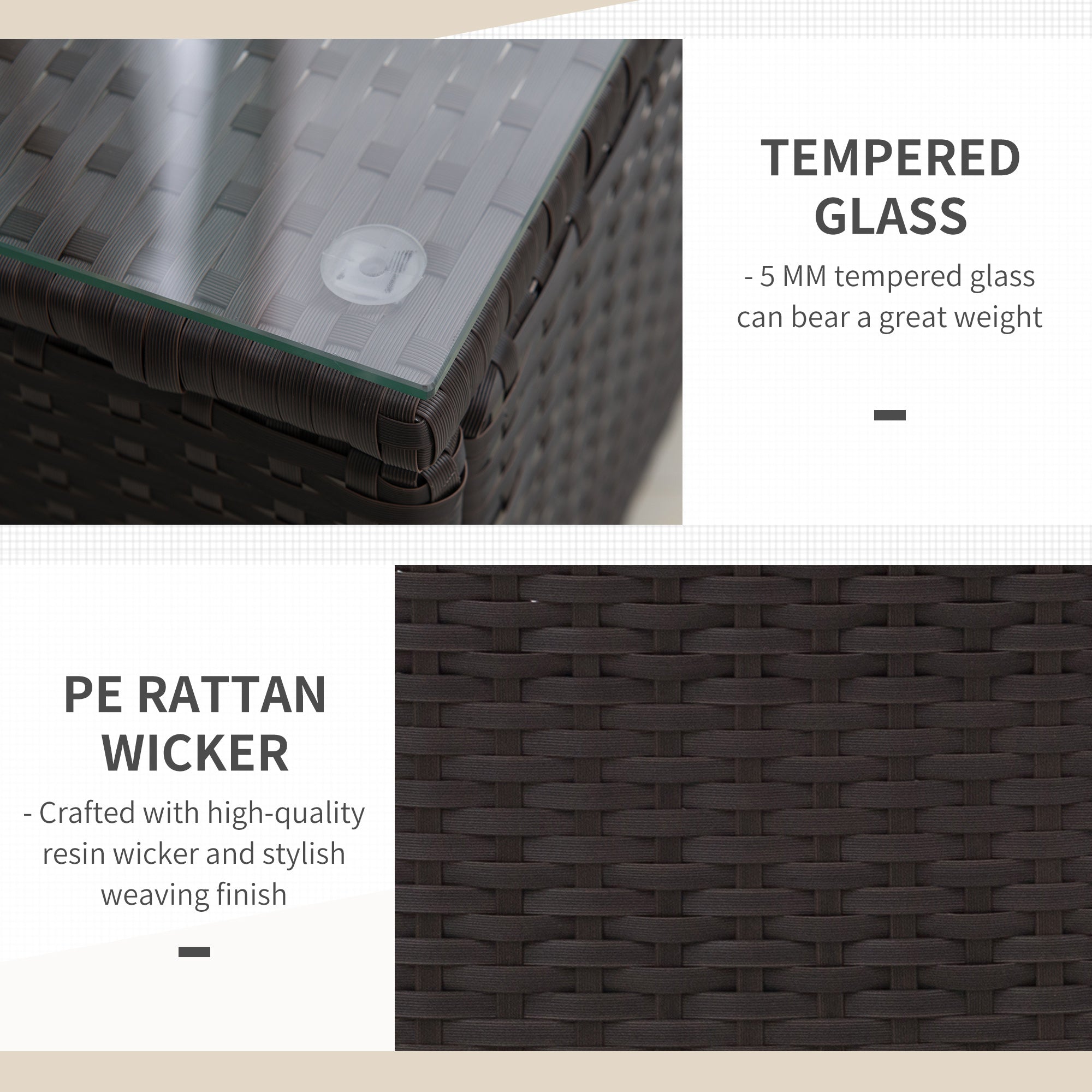 3 Pieces Rattan Bistro Set, Wicker, Glass Coffee Table & 2 Cushioned Chairs, Cream White