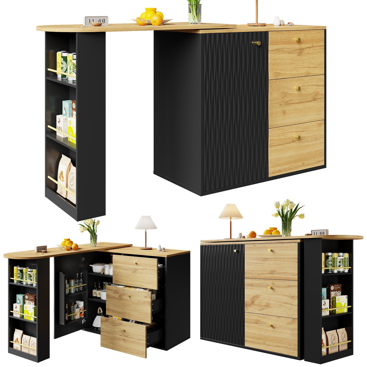 Extendable Bar Table 360° Rotating Storage - Wood Grain