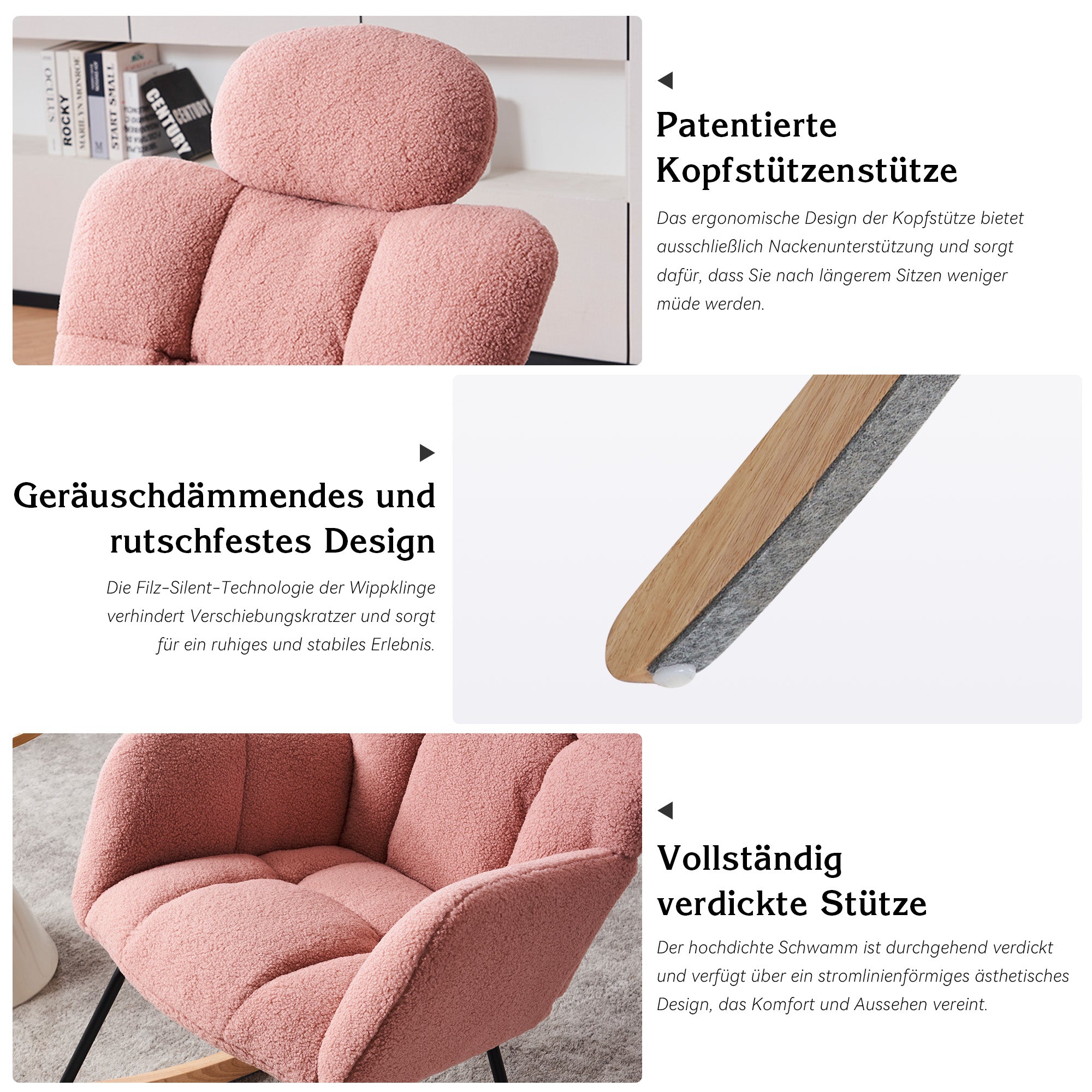 Rocking Chair 055, Tufted Upholstered, Pink Teddy Fabric