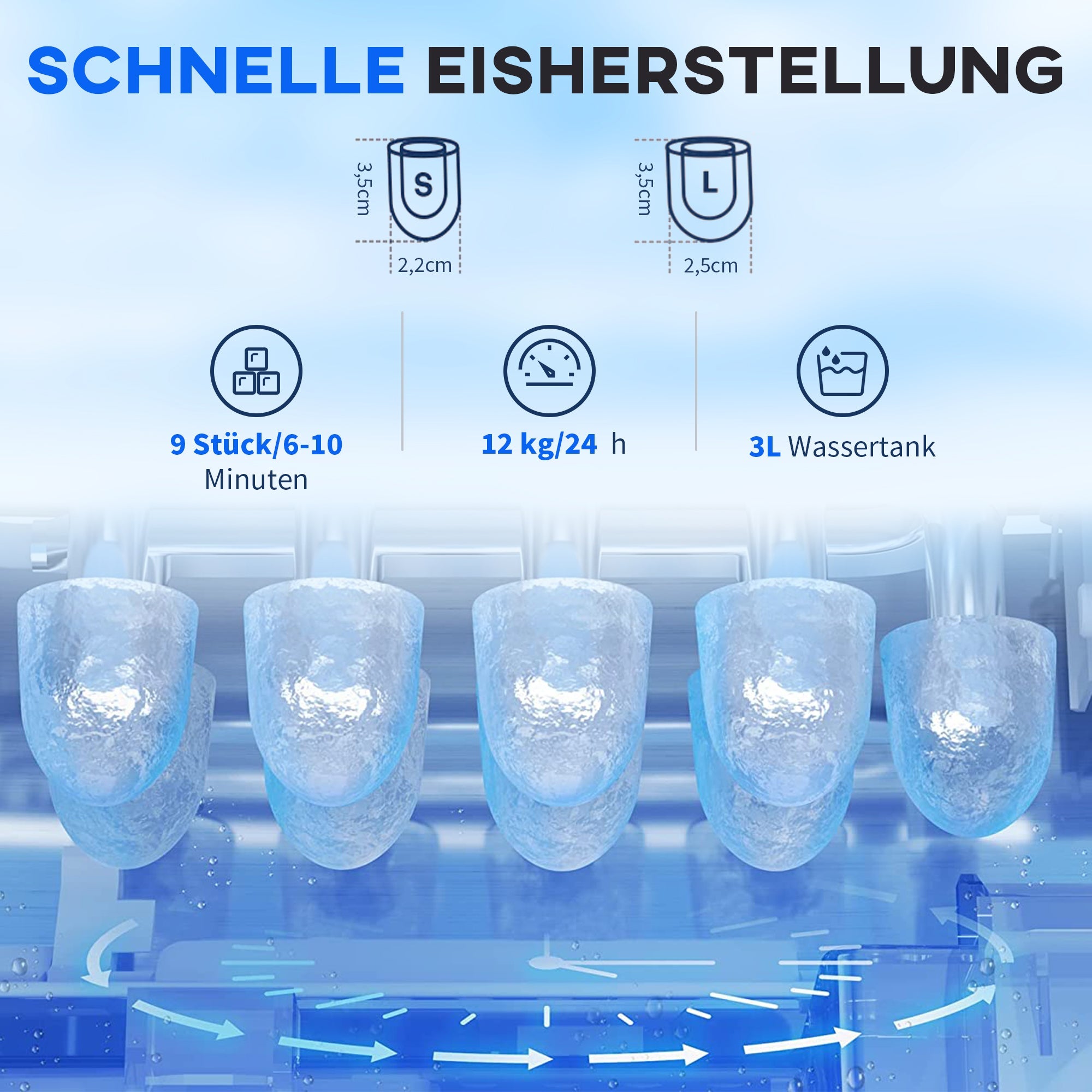 Ice cube machine, 9 ice cubes in 6-10 minutes, 12 kg/24 h, 2 L water tank, self-cleaning function, LCD display, silver