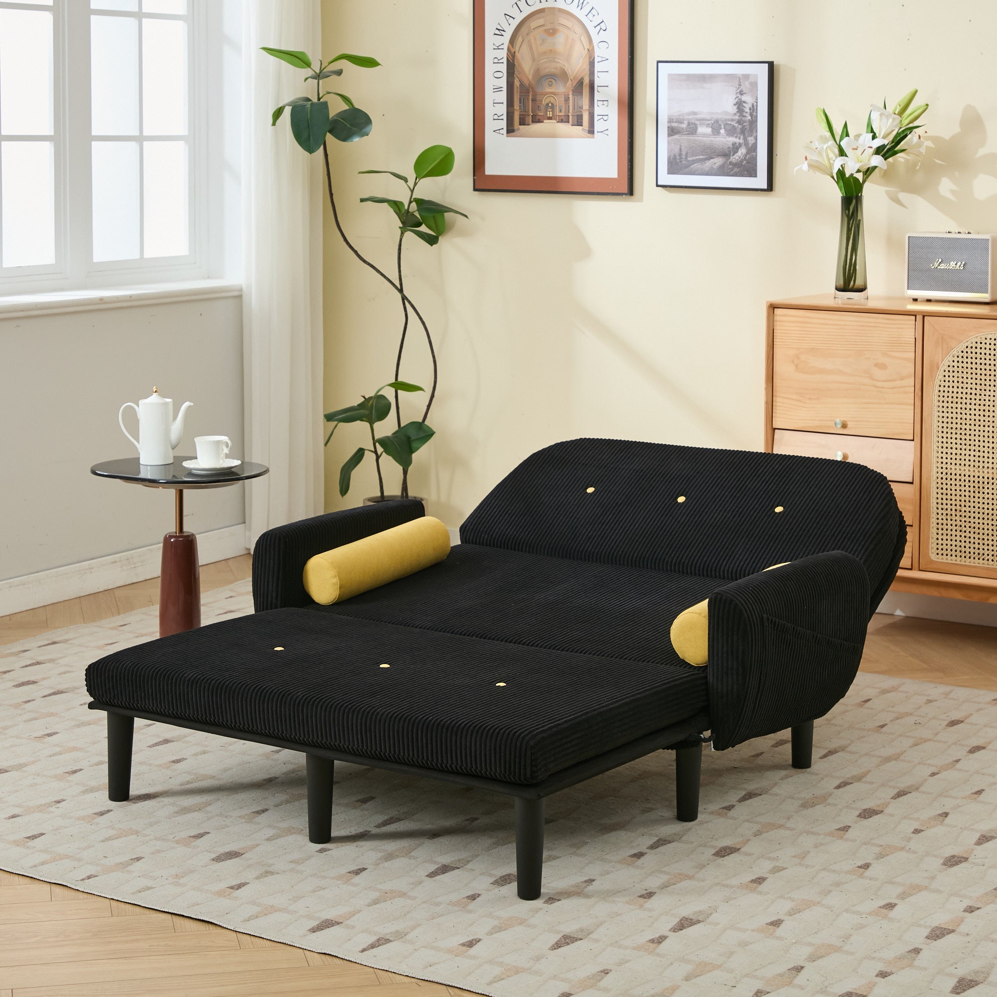 Loveseat Sofa Daybed Recliner with Storage Space, Black Corduroy