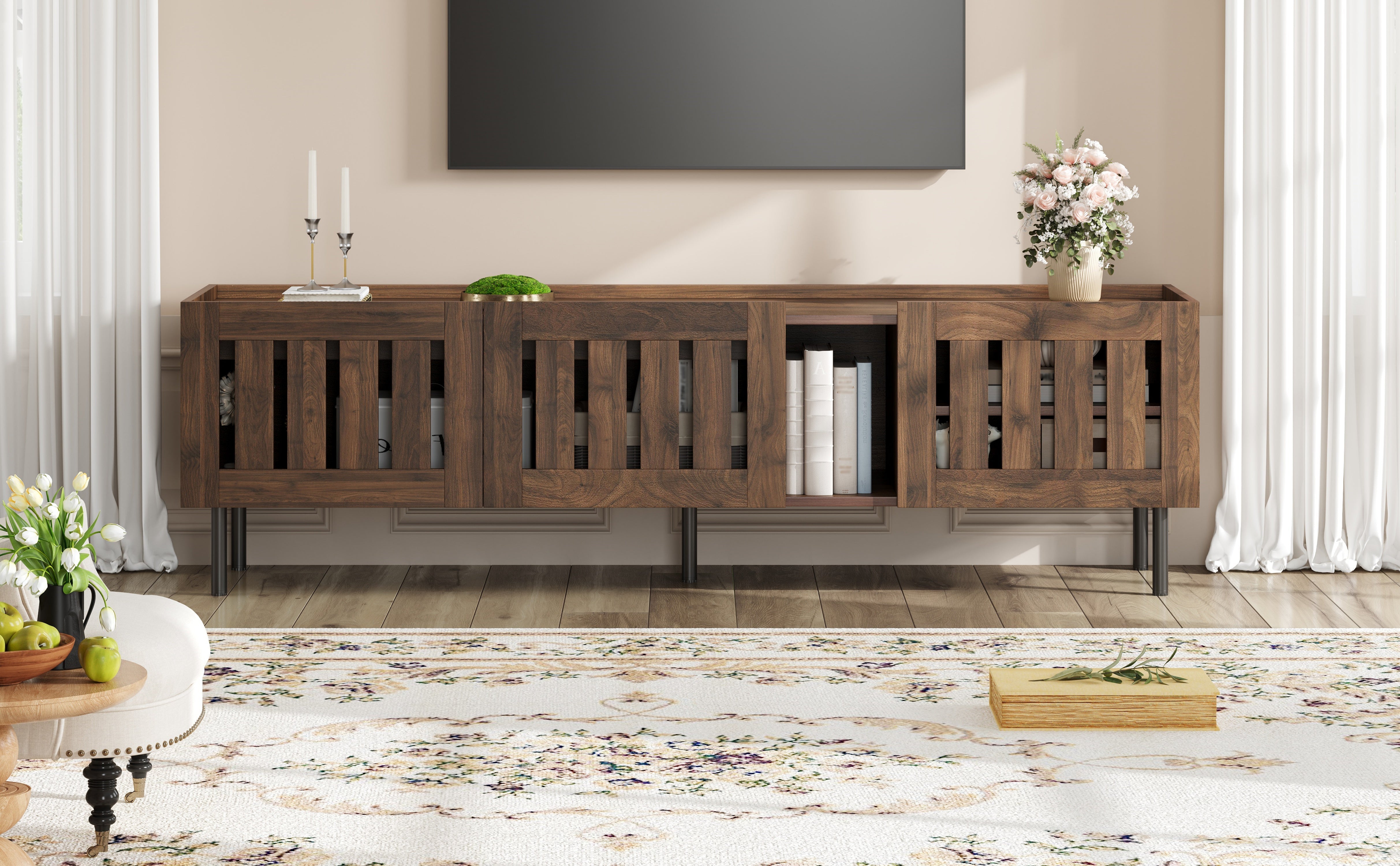 Lowboard Minimalist TV Stand 160cm for 65-inch TV Walnut Wood Finish