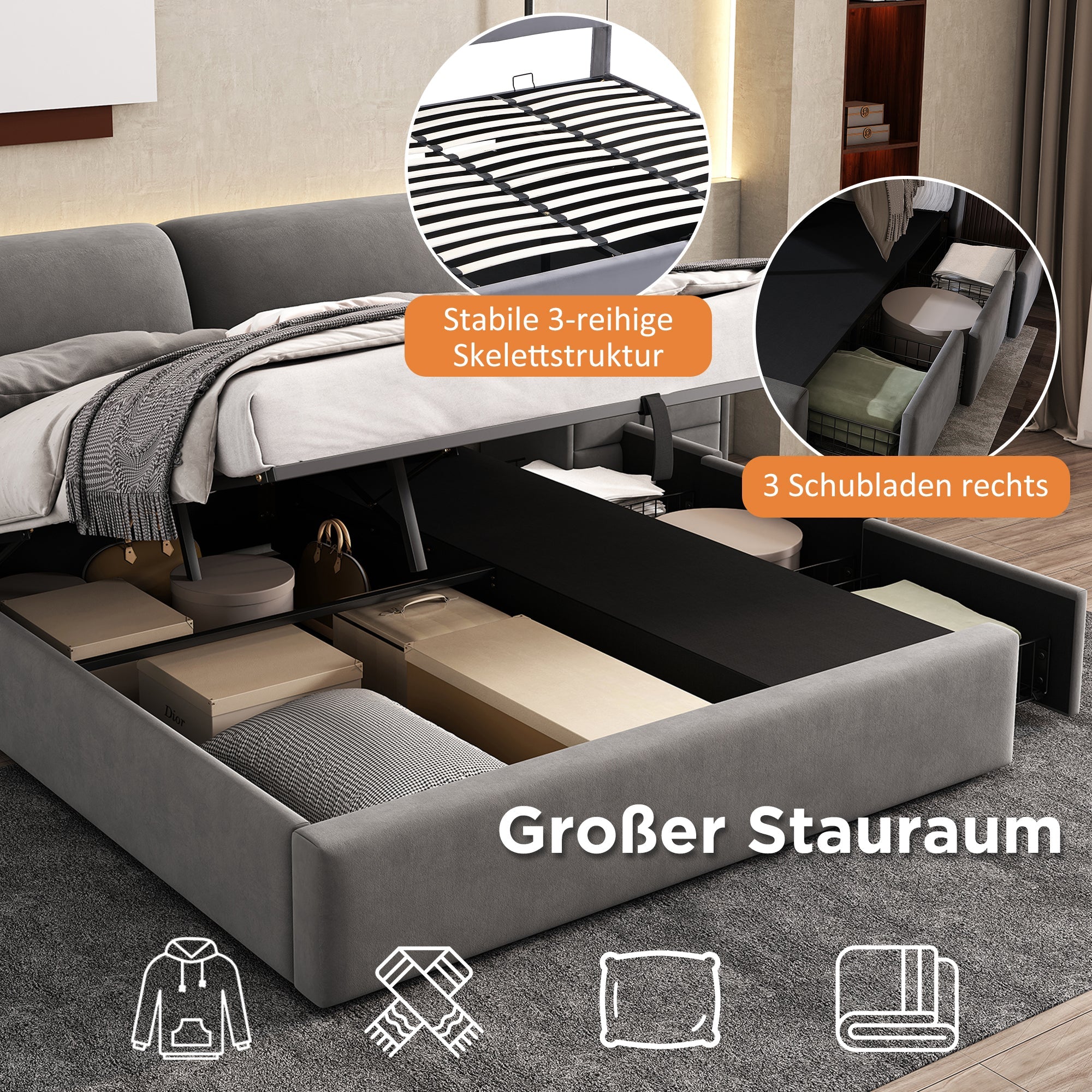 Upholstered Bed with Hydraulic Storage and Three Drawers, 160x200cm, Grey Velvet
