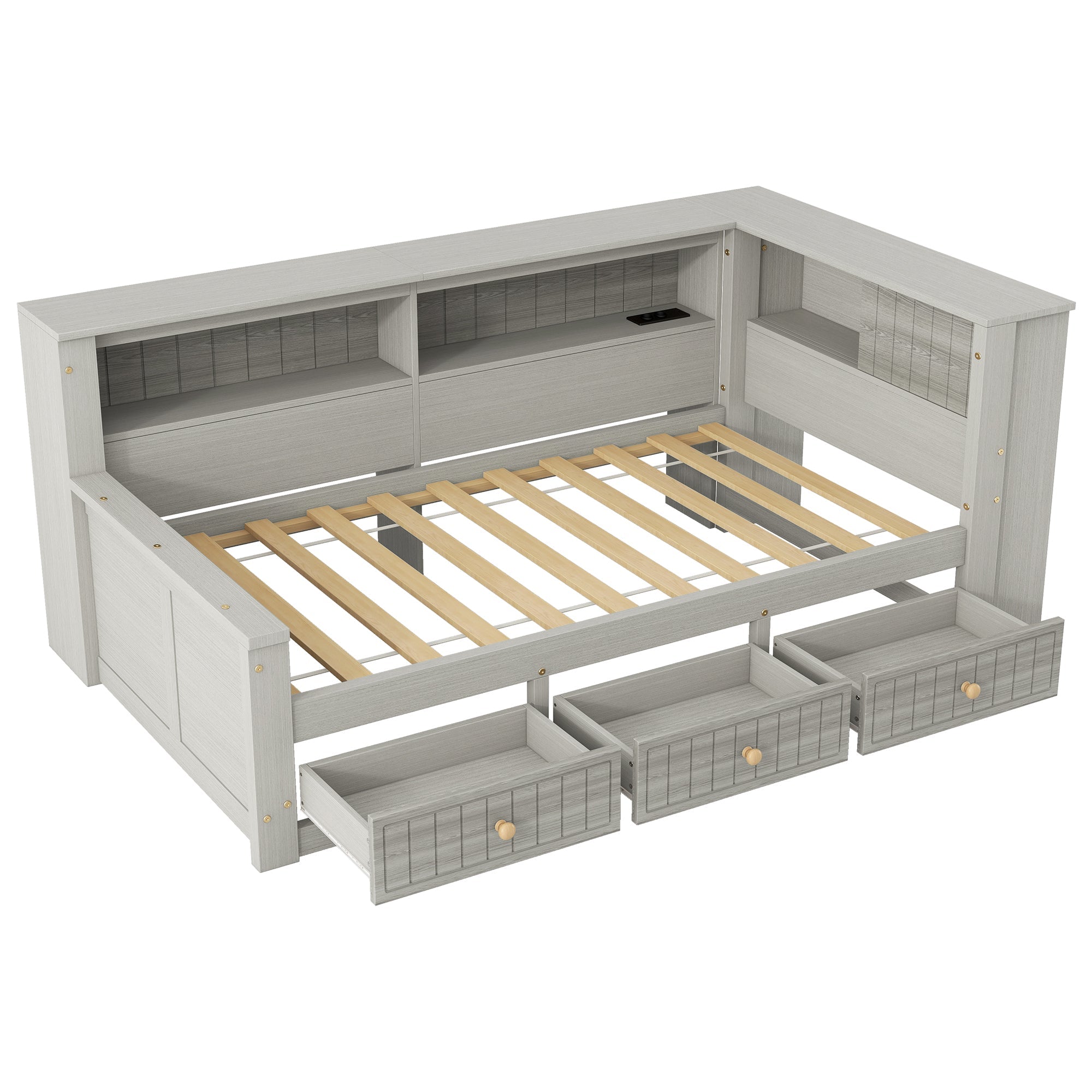 Wooden Daybed with Storage Compartments and 3 Drawers, 90 x 200 cm, Grey