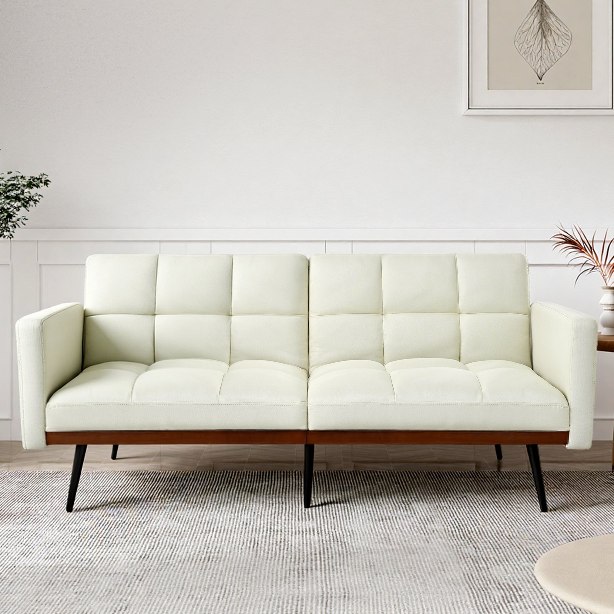 Mid-century Modern Futon Sofa 146cm 5-Position Adjustable Backrest - Linen Mix Beige
