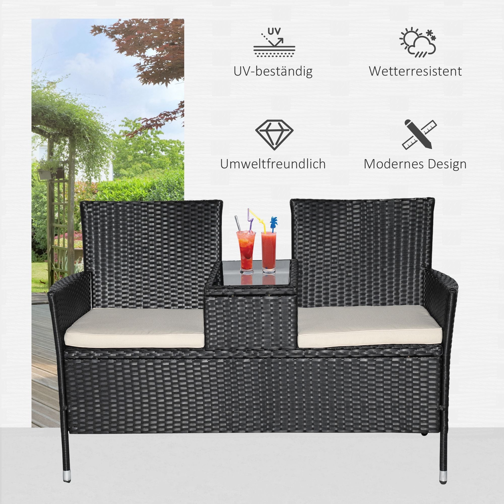 Polyrattan Garden Bench with Table, 2-Seater, Steel, Black