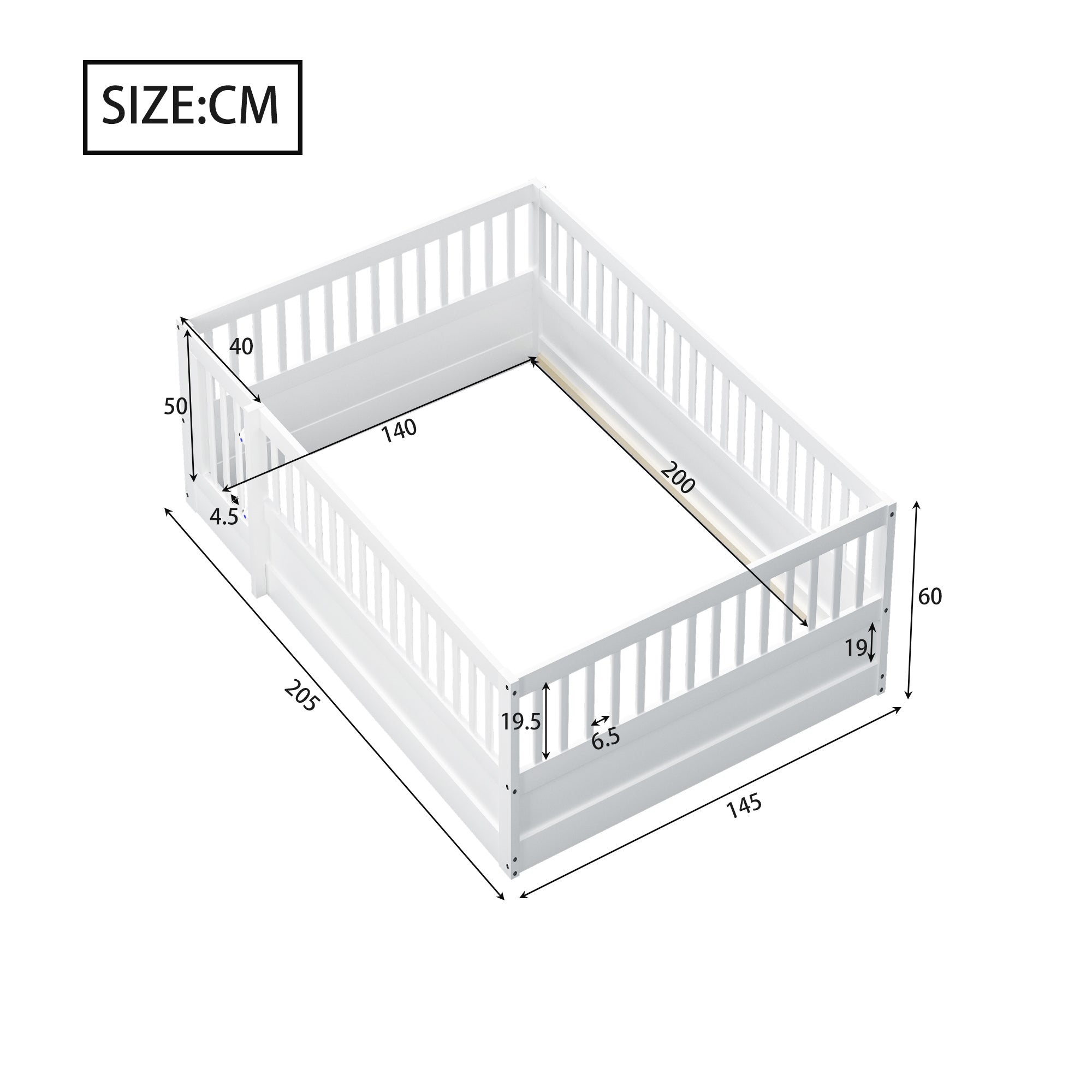 Children's Bed, 140 x 200 cm Wooden Frame with Bars & Door, White