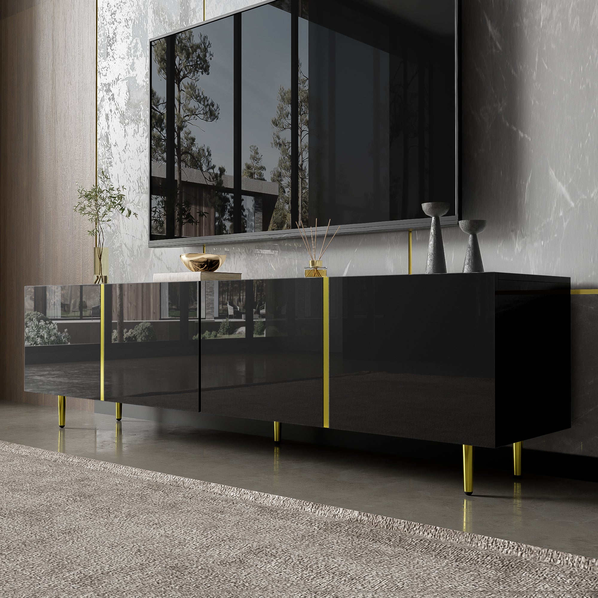 TV Cabinet, Modern 4-Door, High-Gloss Black and Gold