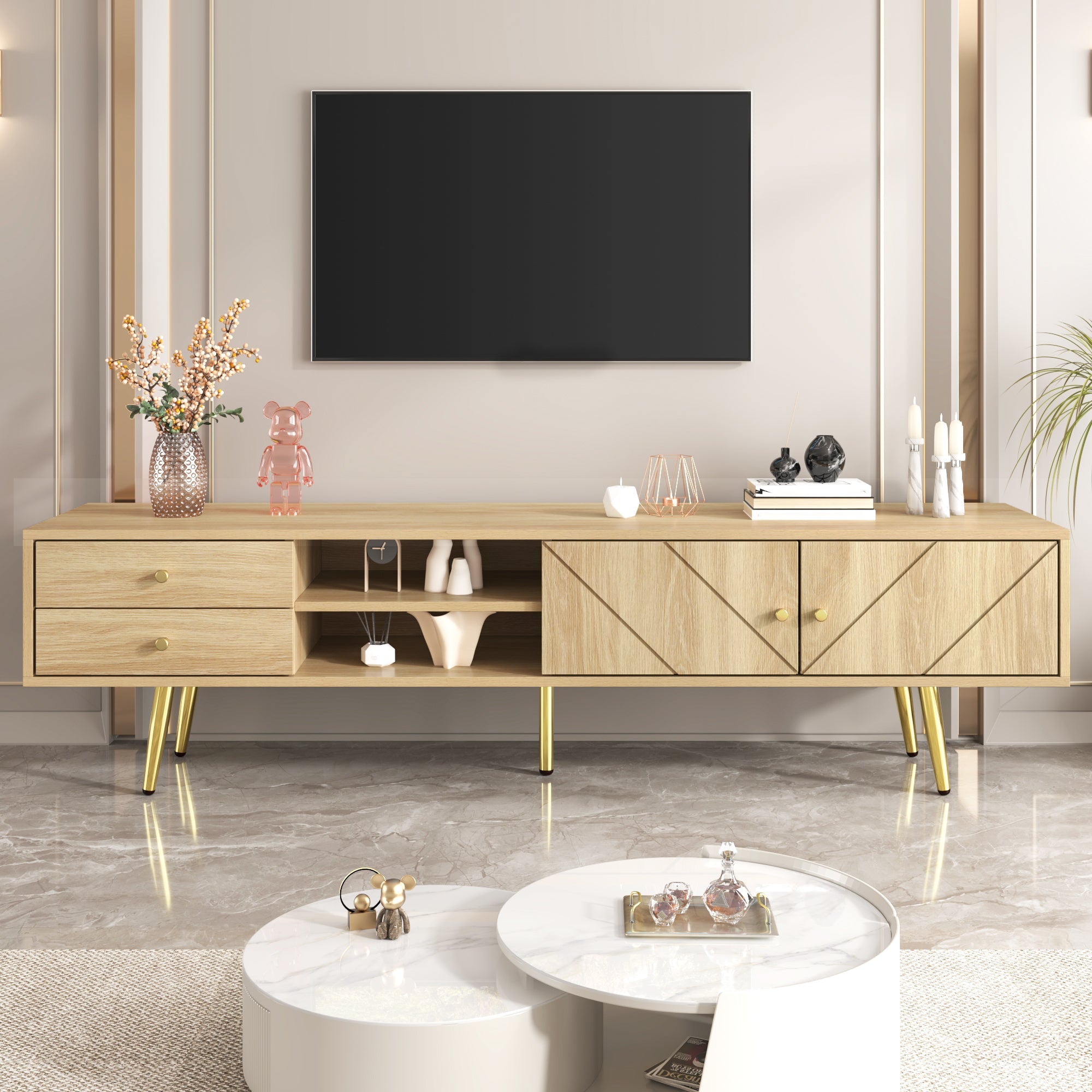 TV Cabinet 160cm, Gold Feet, Two Drawers, Unique Doors