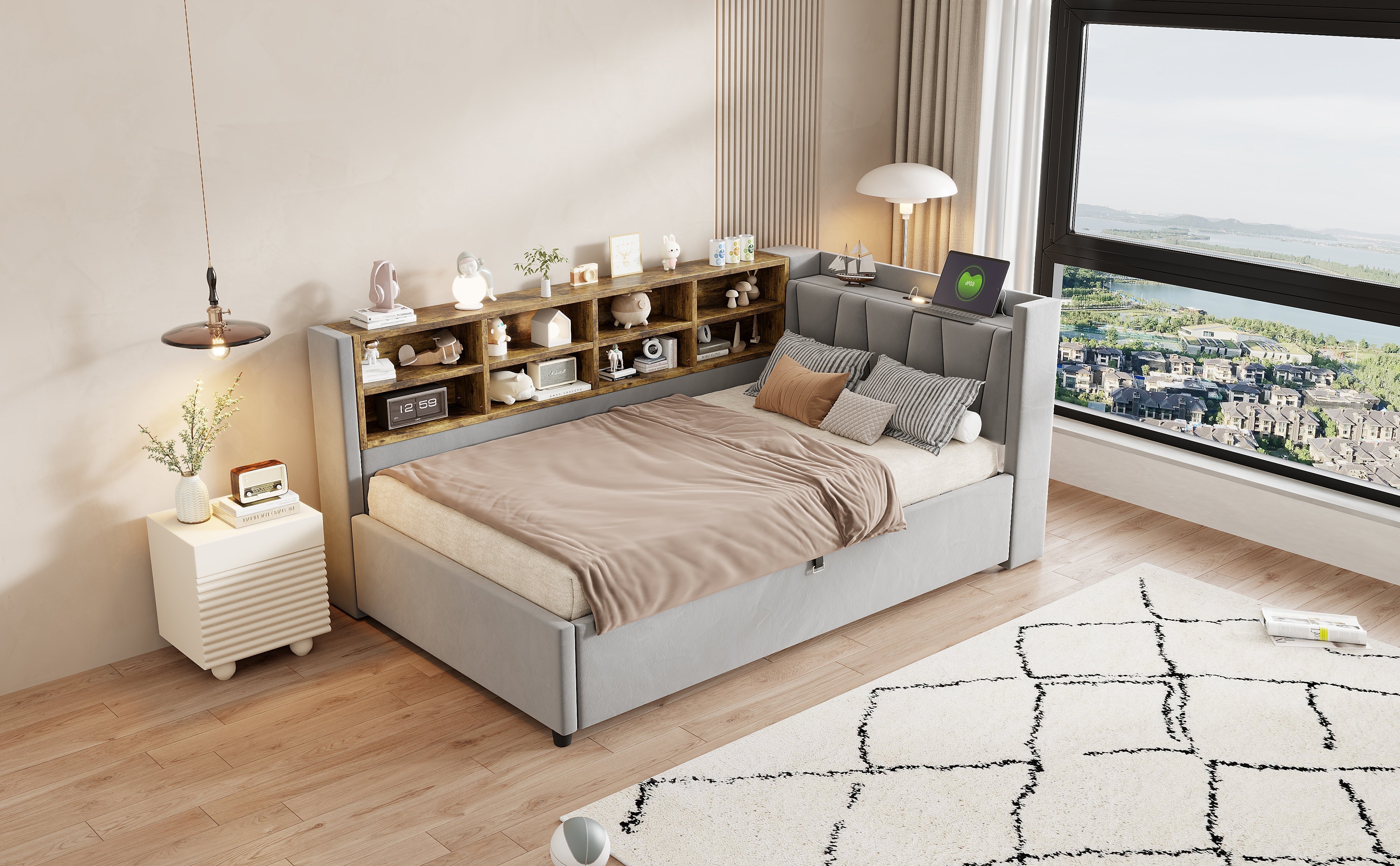 Upholstered Bed/Sofa Bed 90x200cm Hydraulic Storage USB/Type-C Charging Velvet Light Grey