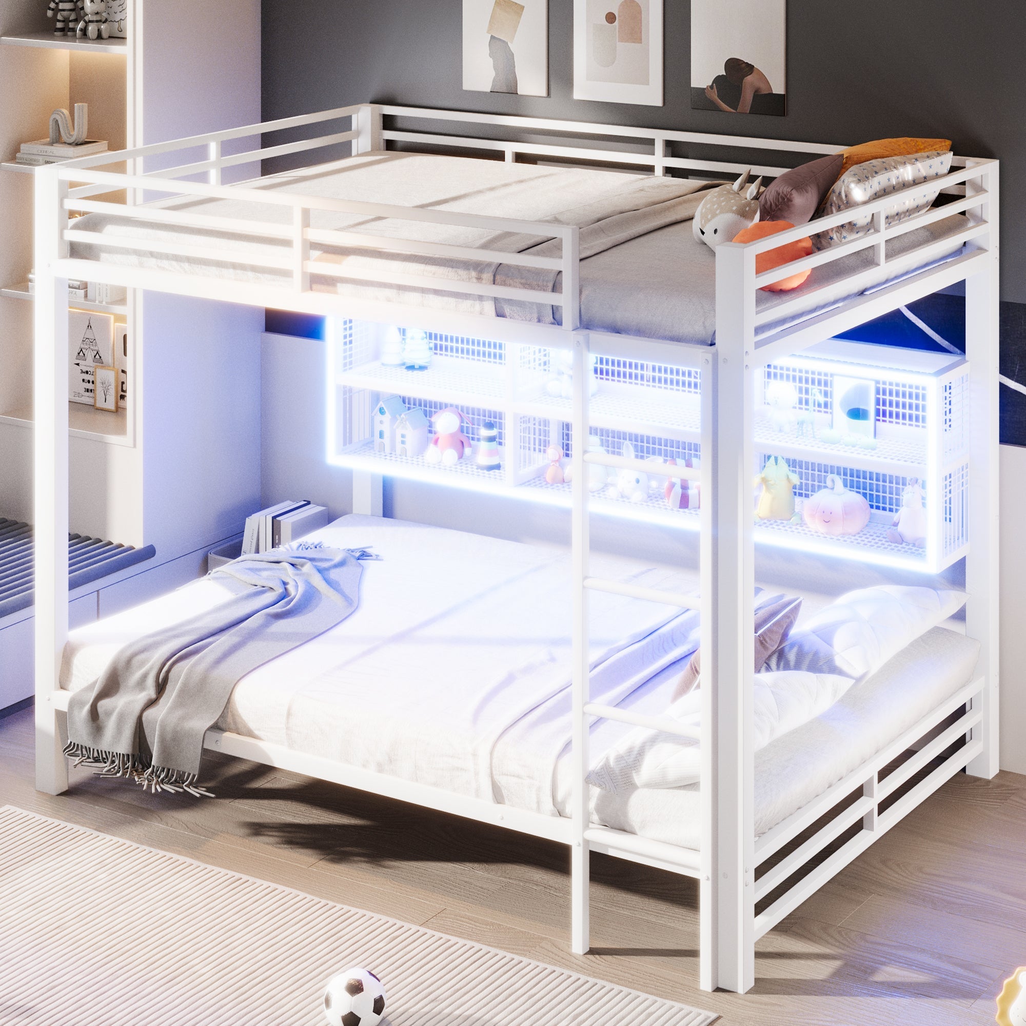 140x200 Bunk Bed with Storage Cabinets and LED Light, White