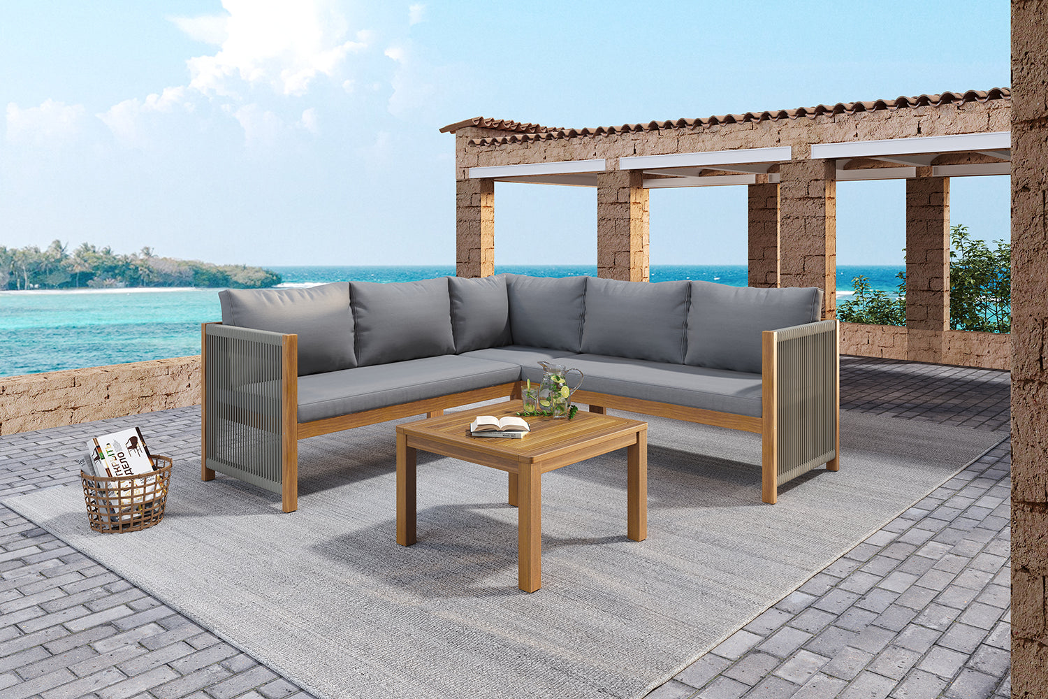 Garden Furniture Set with Corner Sofa and Acacia Wood Coffee Table, Grey