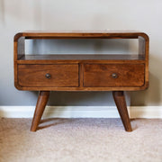 Solid Wood Mini Chestnut Curved Media Unit, 2 Drawers and Open Slot, Dark Brown