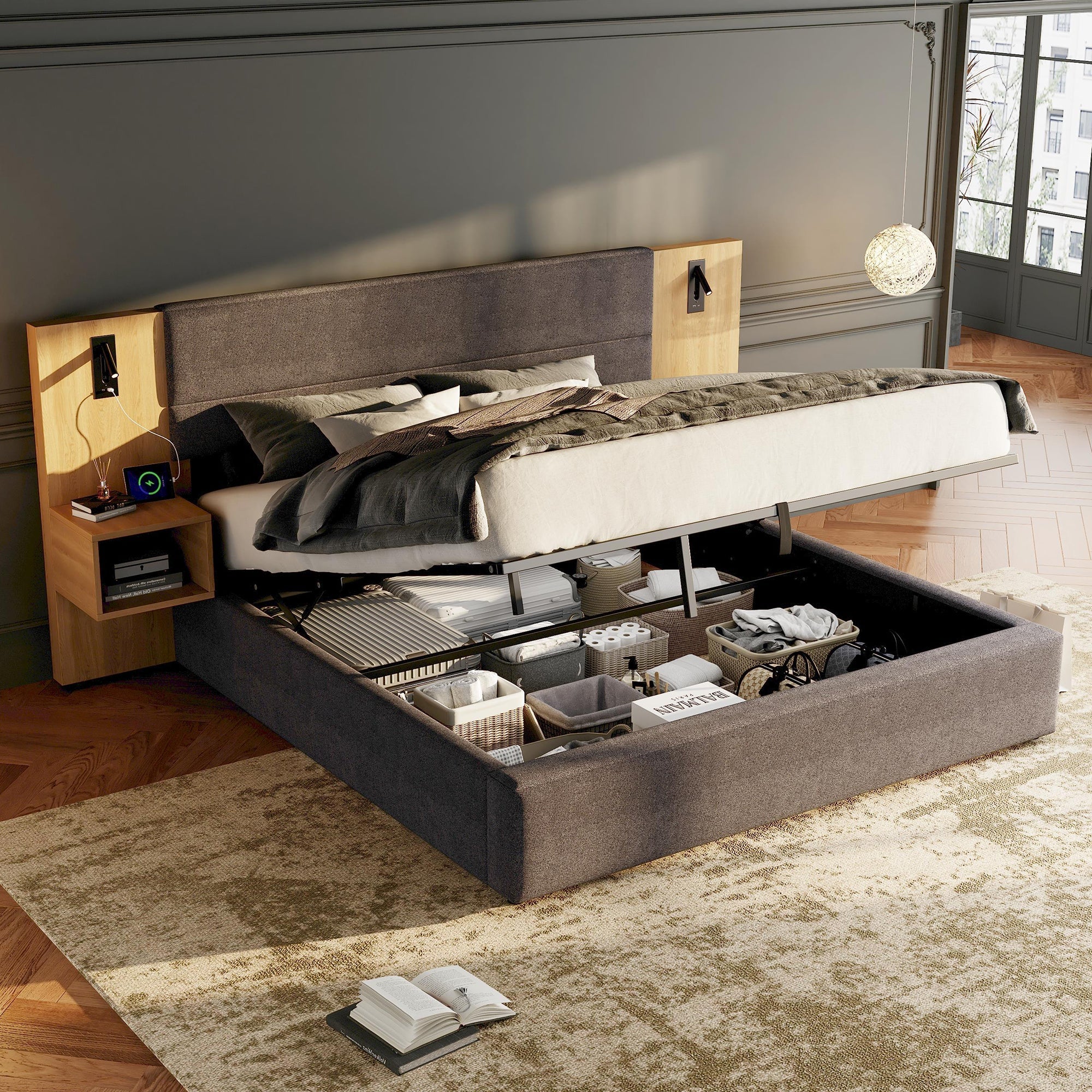 Upholstered Bed 180x200cm Hydraulic Storage USB LED 2 Bedside Tables - Velvet Grey/Natural