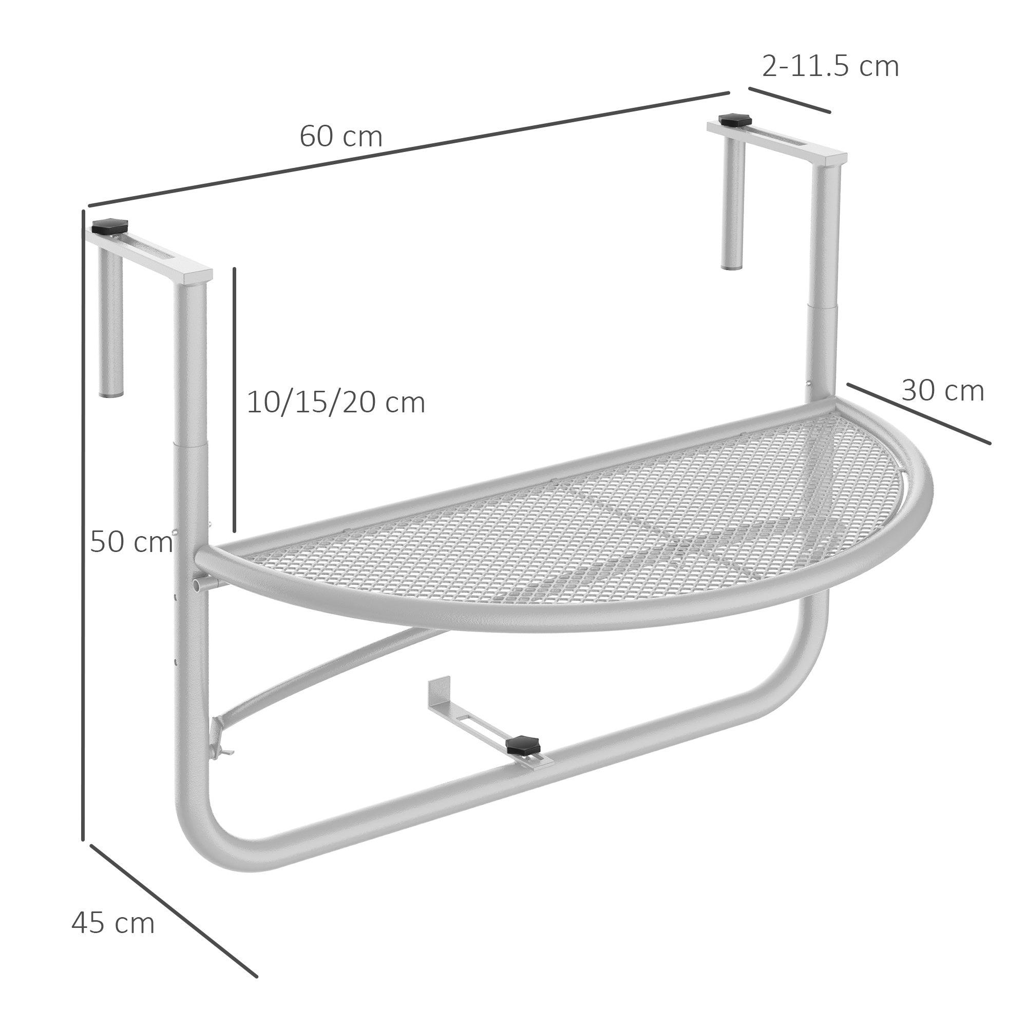 Balcony Hanging Table, Adjustable Semi-Circular Garden Table, Metal White