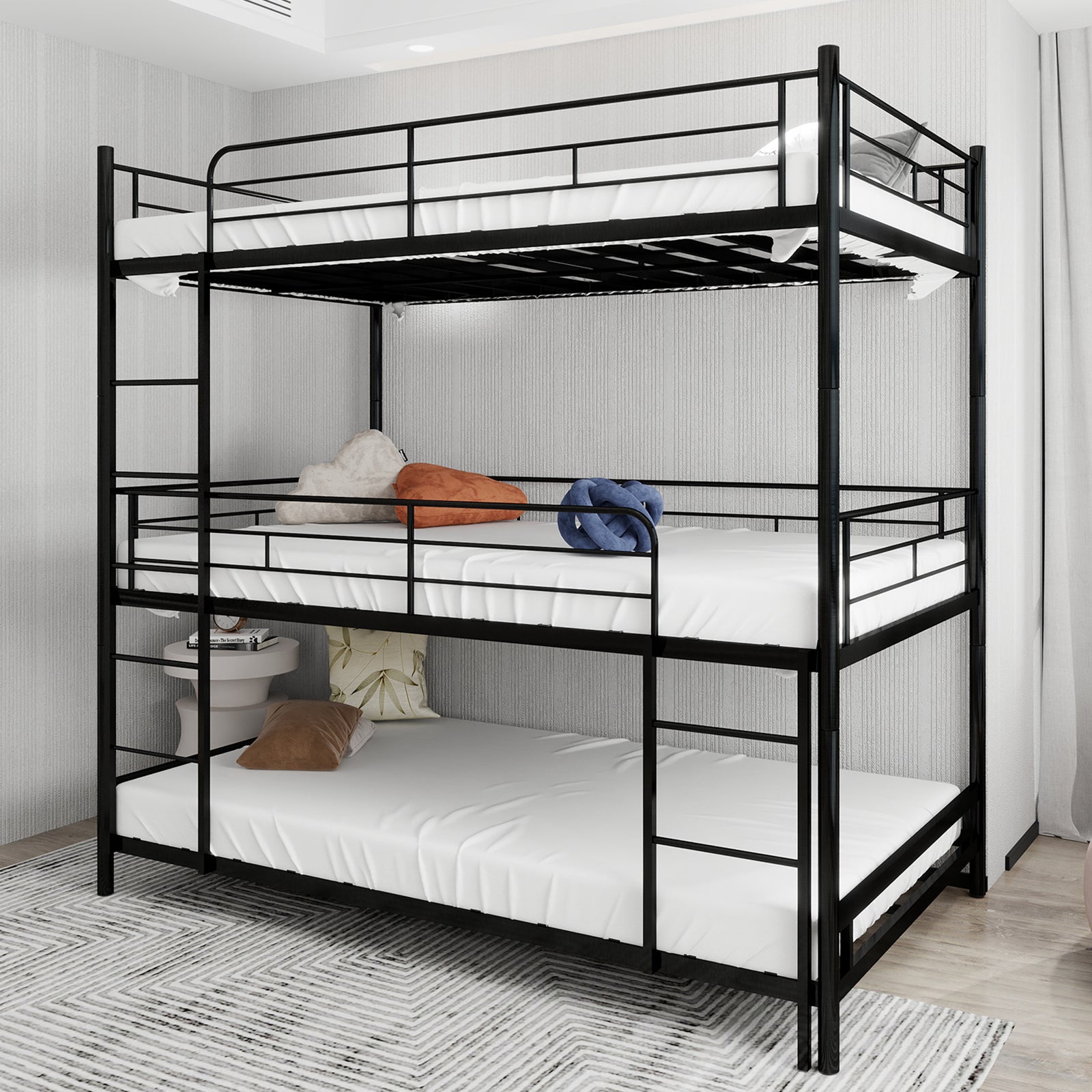 Triple Frame Bed, Heavy-Duty with Ladder & Railing, Easy Assembly, Metal