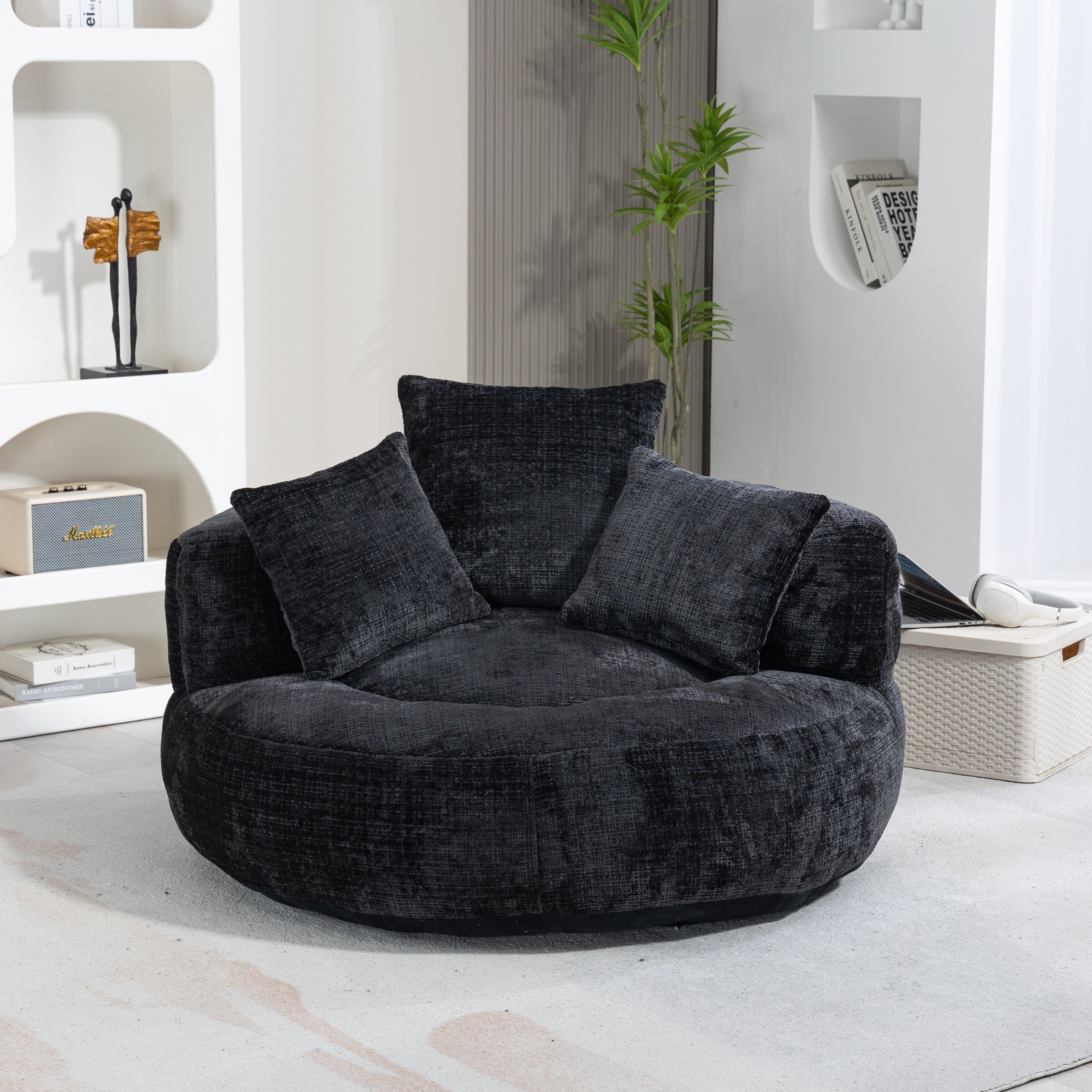 COOLMORE Lazy Sofa Durable Comfort Lounger High Back Bean Bag Chair Couch with Three Pillows, Black Chenille