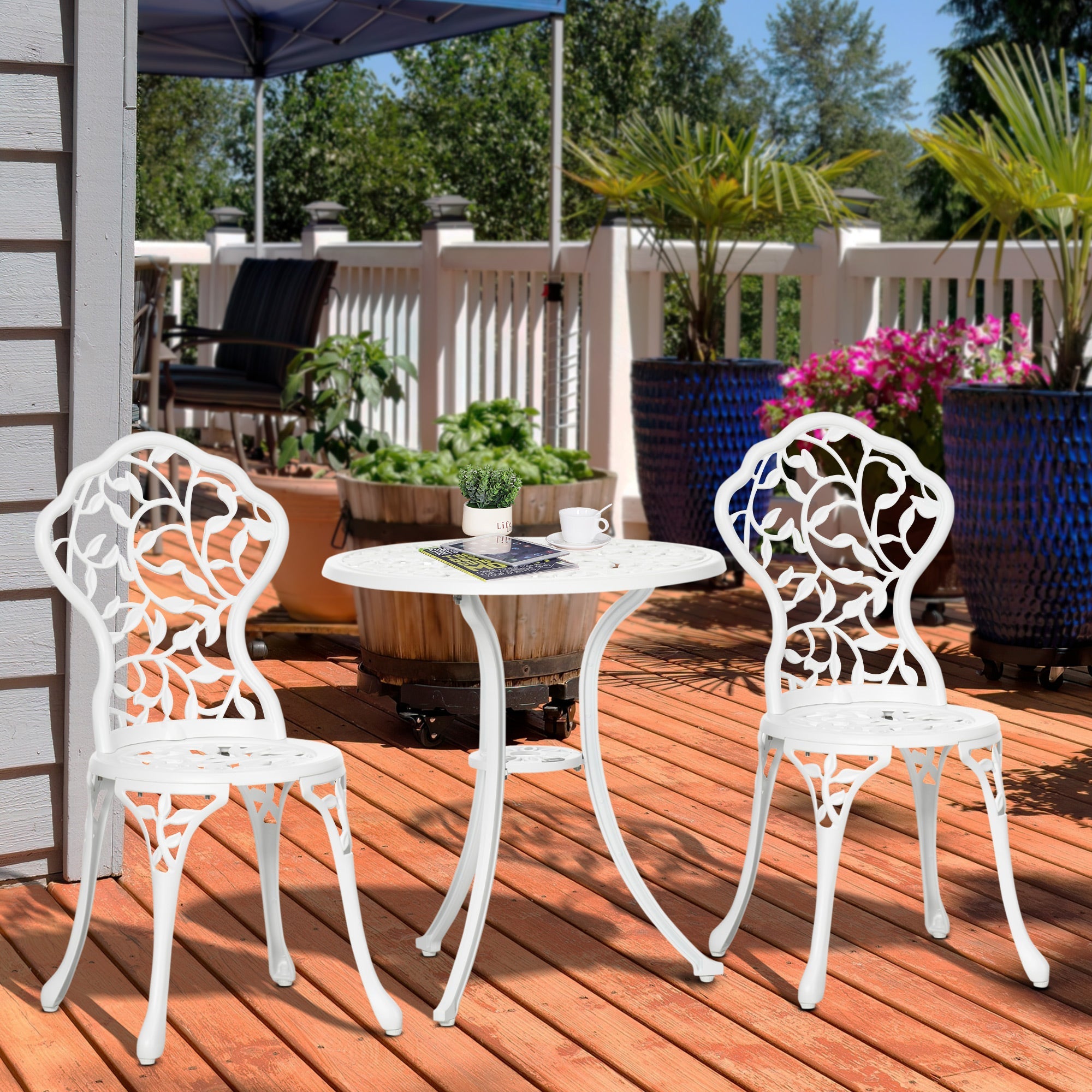3 Pcs Bistro Set, Garden Dining Table Chairs Antique Outdoor Seat, Aluminium White
