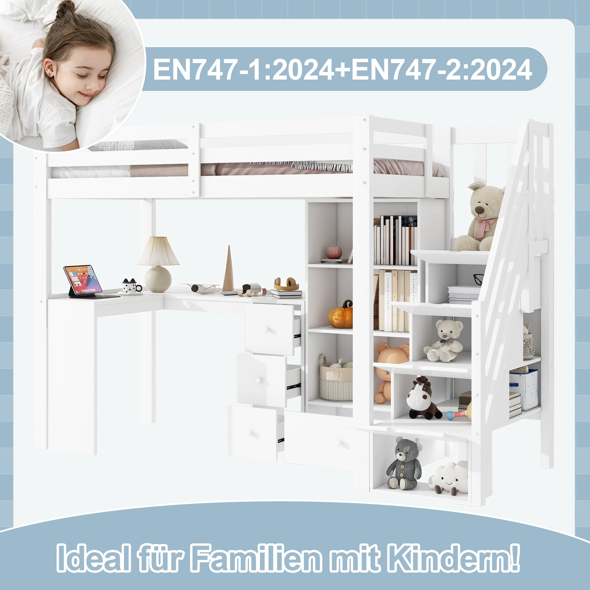 Loft Bed 90x200cm Desk Drawers Storage Stowable Ladder EN 747 Certified White