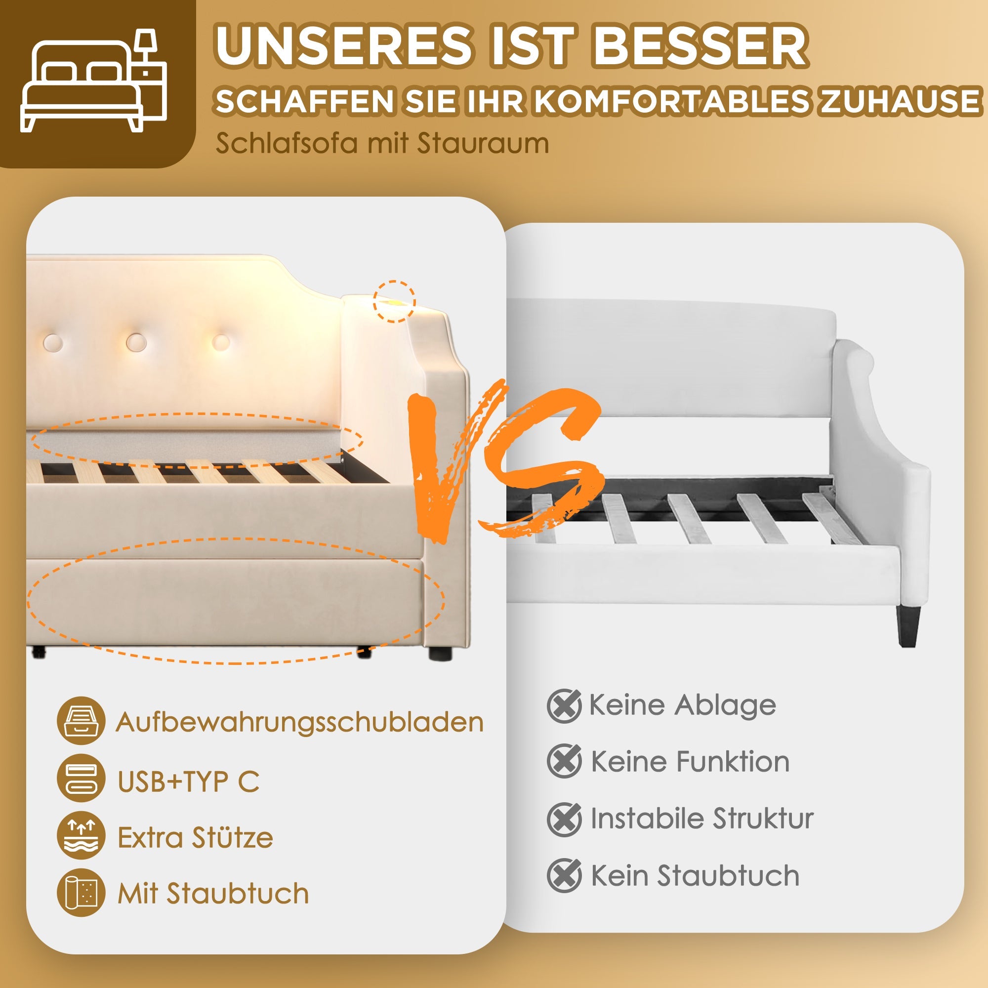 Upholstered Sofa Bed, 90x200 cm, USB Type-C Light, 2 Drawers, Velvet Beige