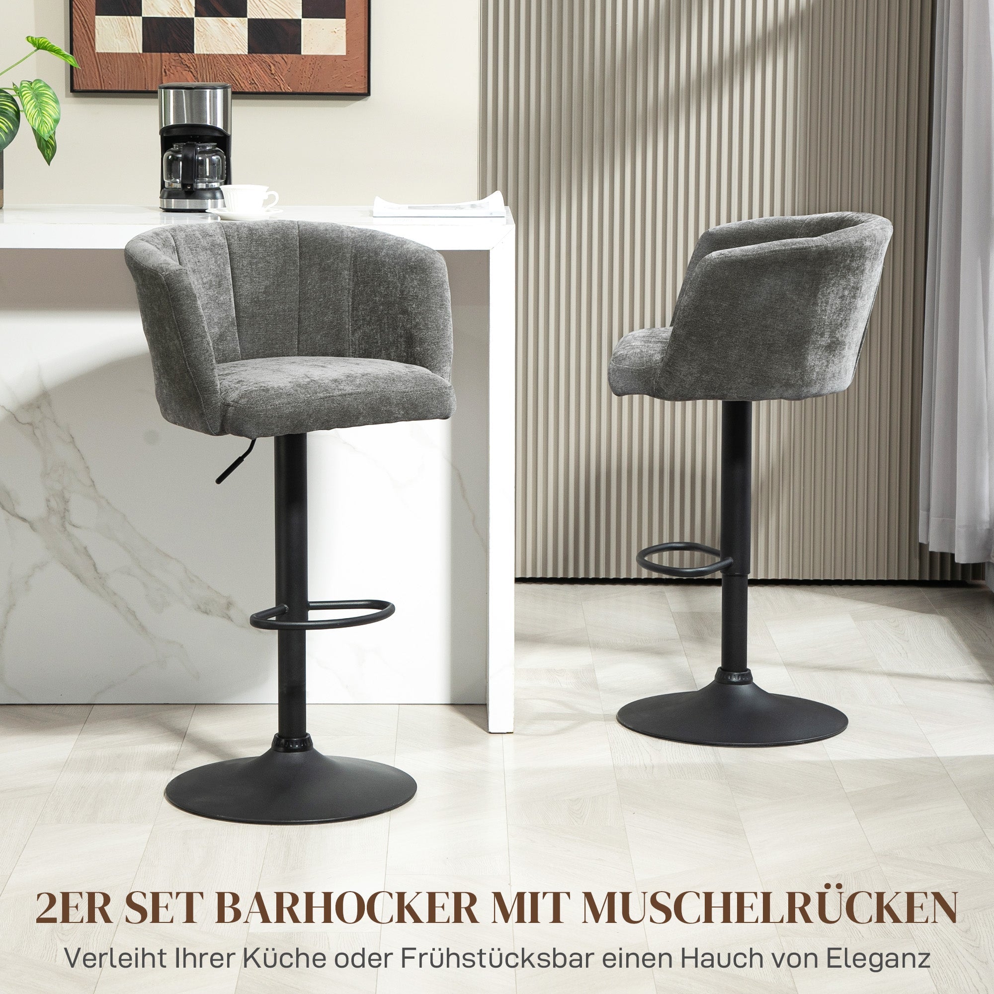 Set of 2 Bar Stools, Swivel Height-Adjustable with Footrest, Linen Dark Grey