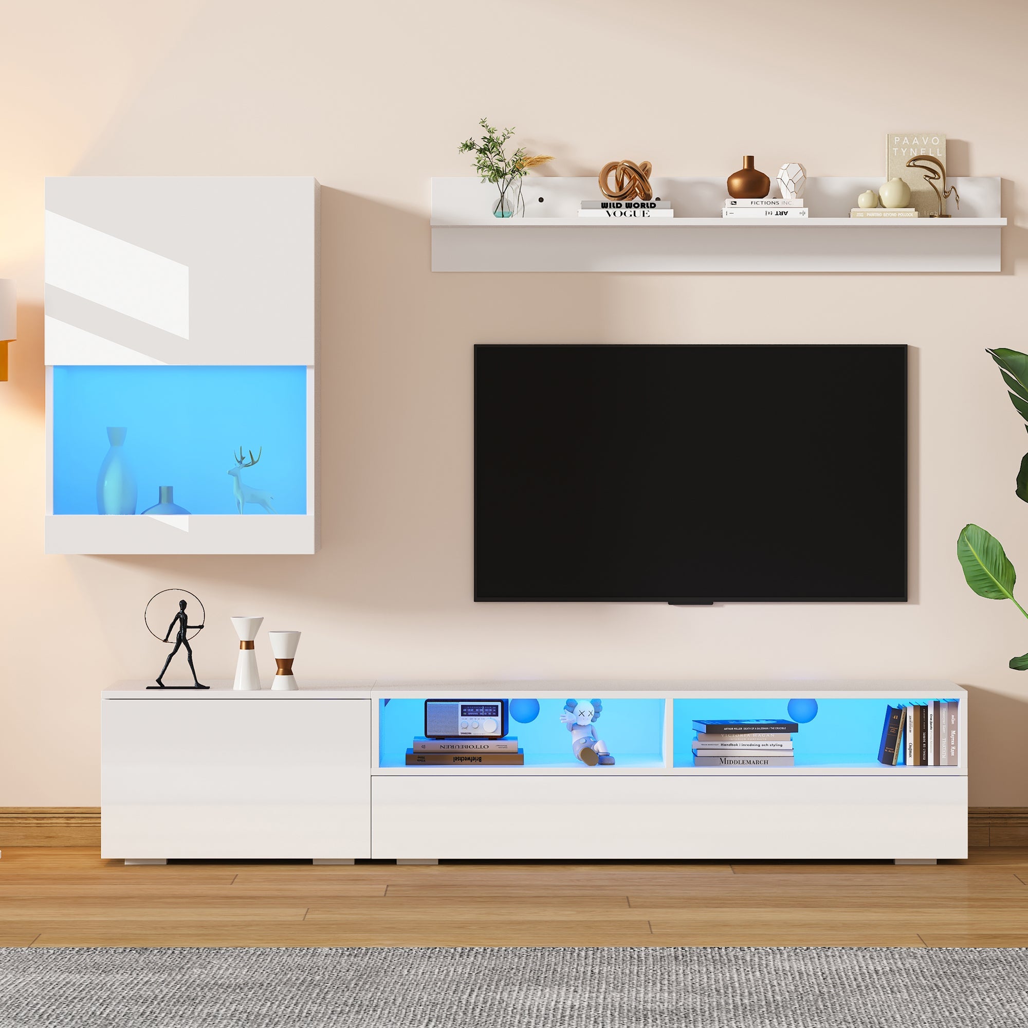 TV Wall Unit Set with Display Cabinet, 3-Piece Media Unit, LED High Gloss, White