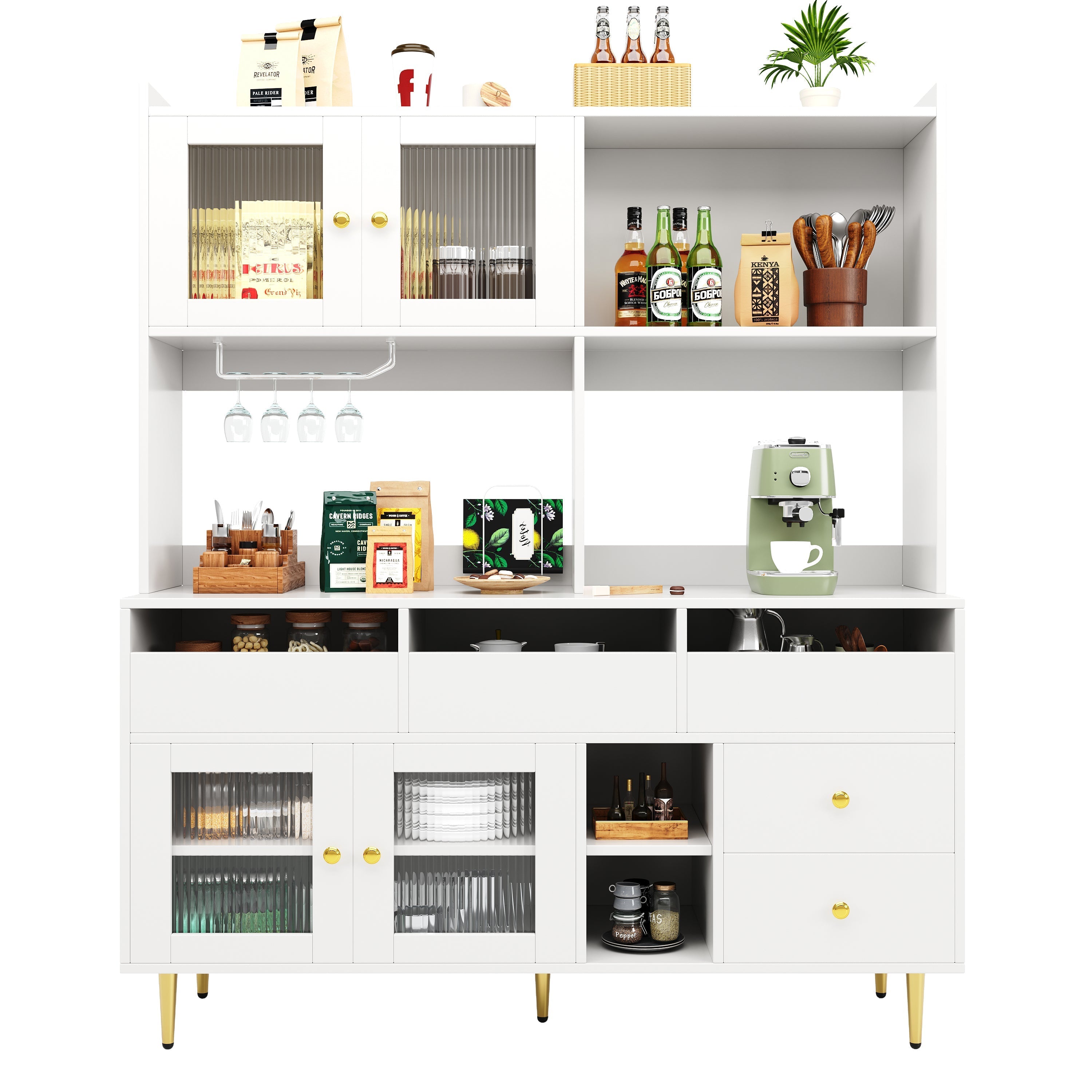 Dining Room Cabinet, Minimalist with Glass Doors & Wine Glass Shelves, White Gold Accents