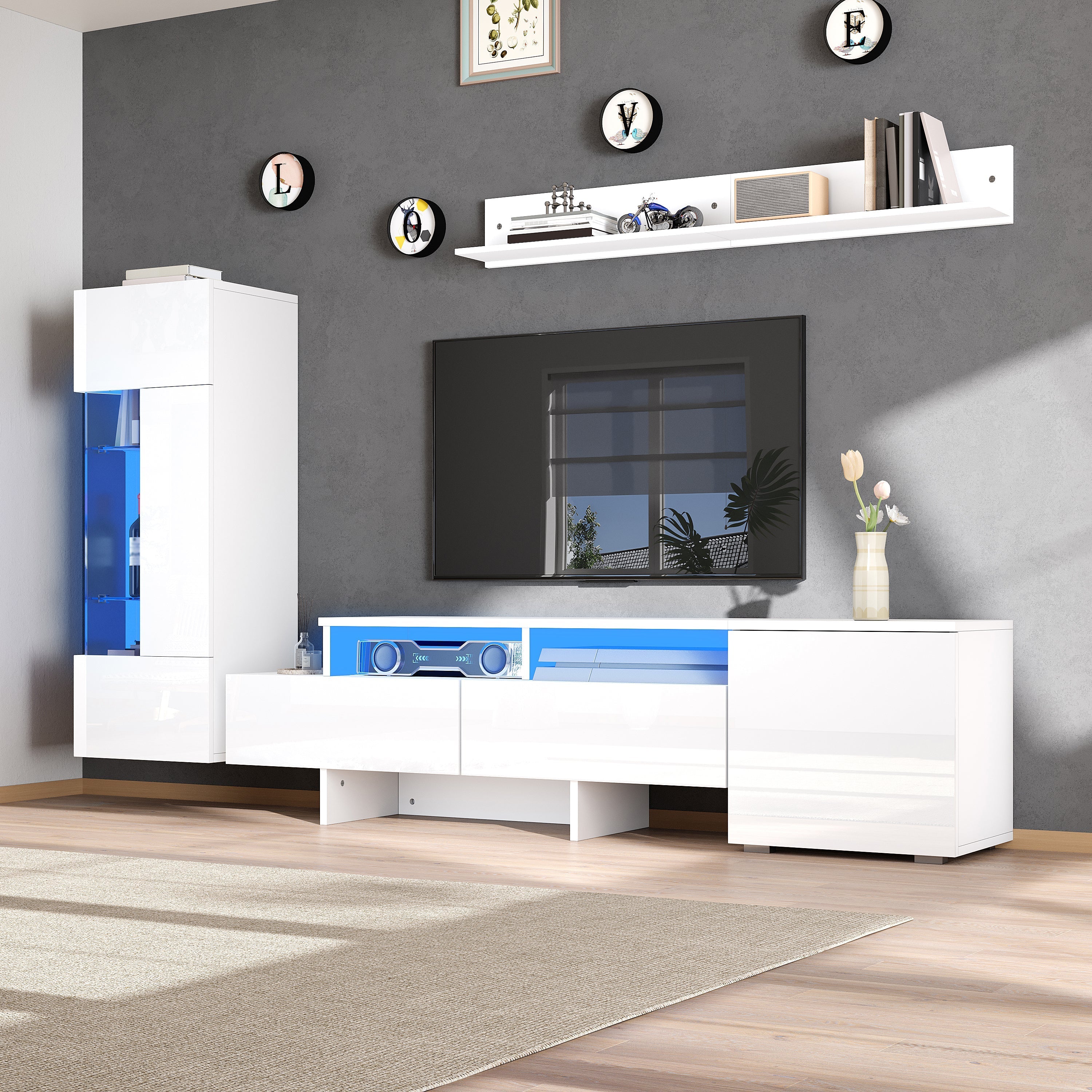 3-Piece TV Wall Unit Set High-Gloss LED Modern Wall-Mounted White