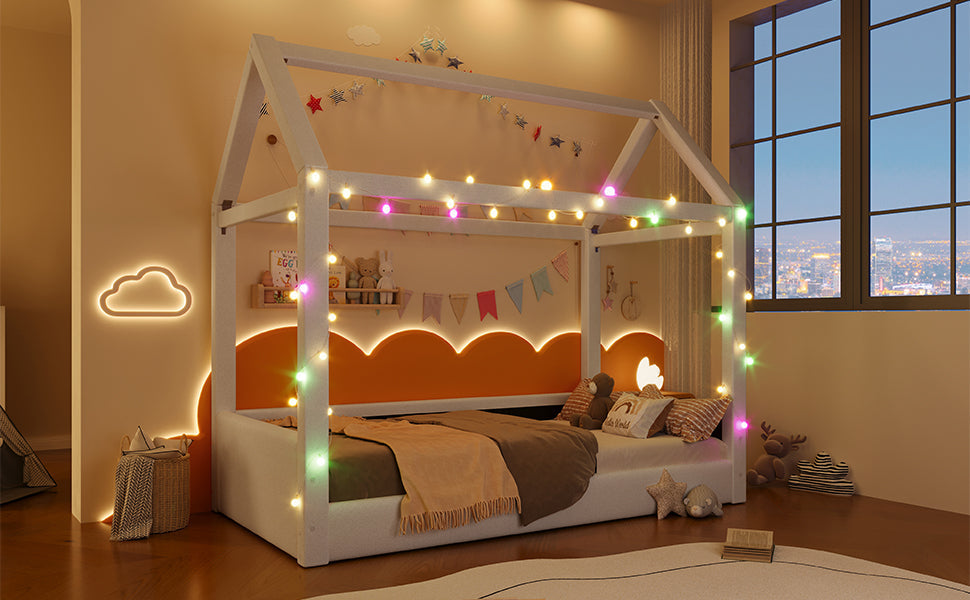 Upholstered Daybed 90x200cm LED Light Strips - Beige