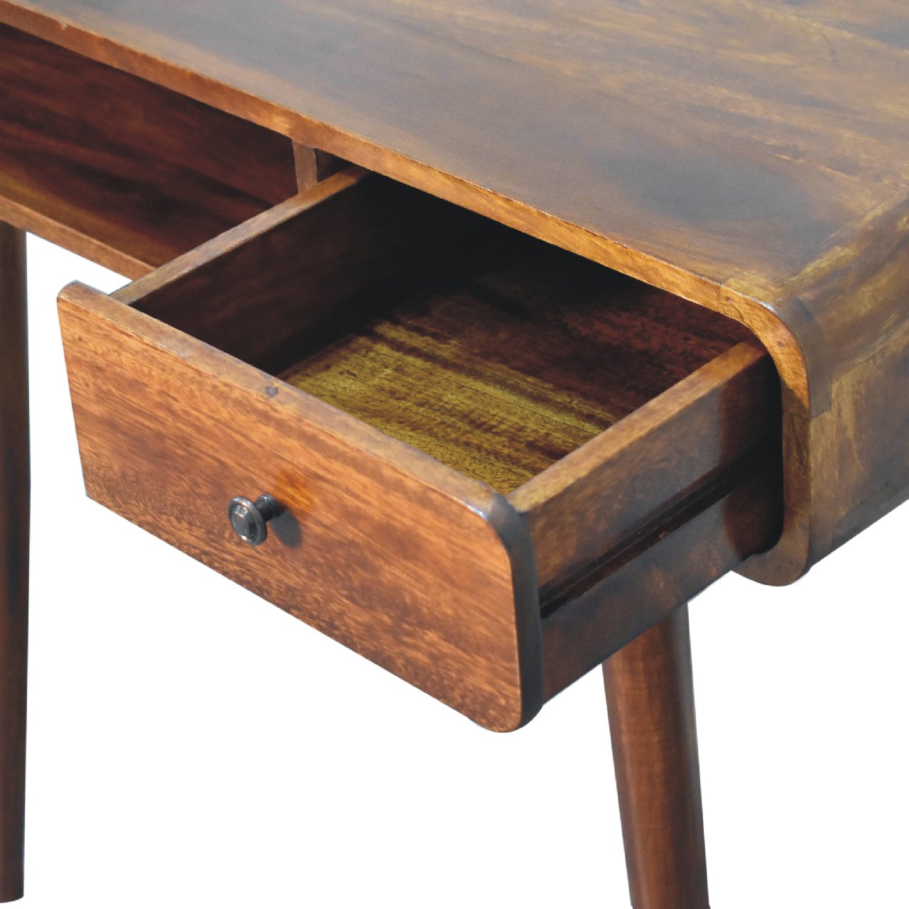 Solid Wood Writing Desk, Curved 1 Drawer 1 Shelf, Chestnut Brown