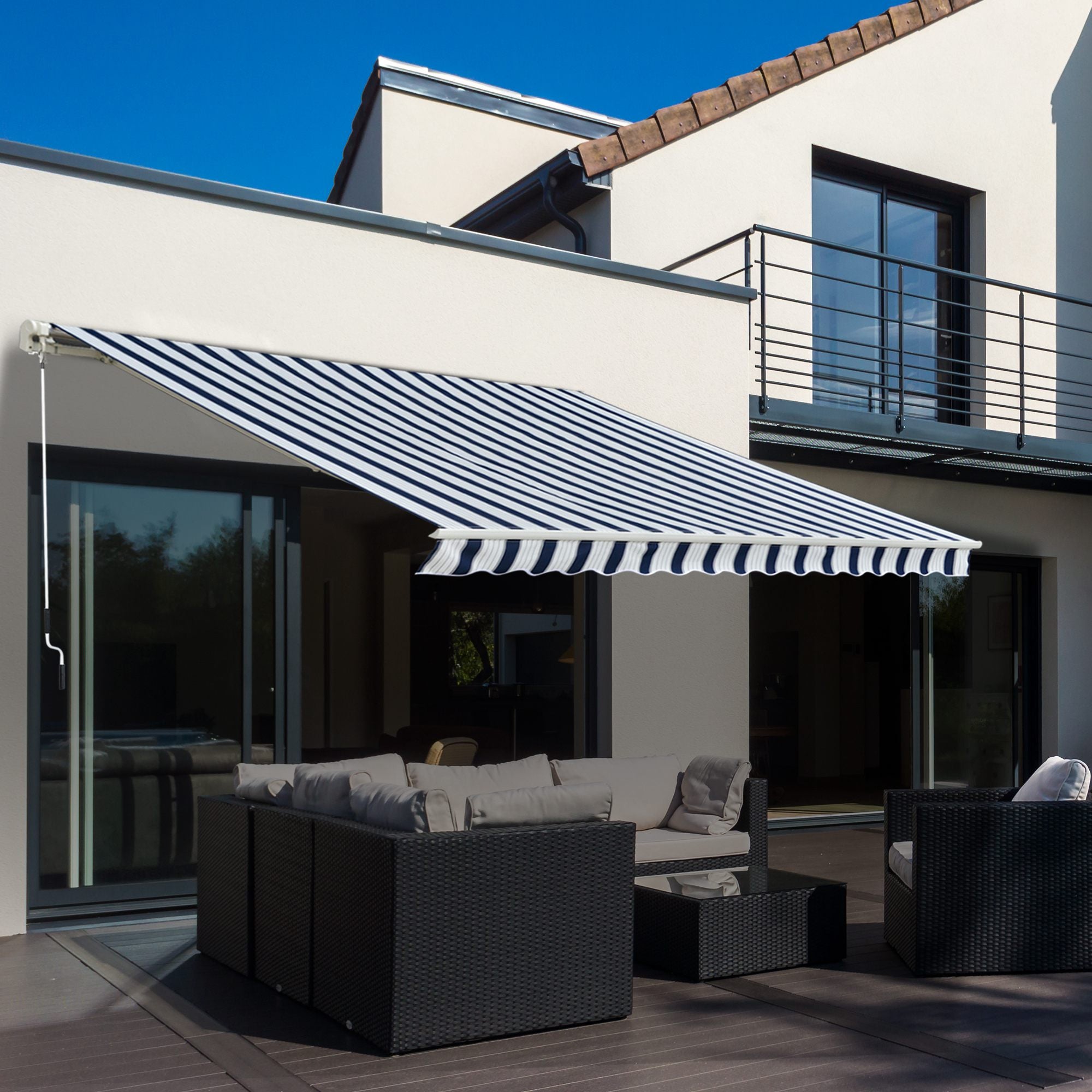 Manual Retractable Awning 3x2.5m Blue/White Stripes