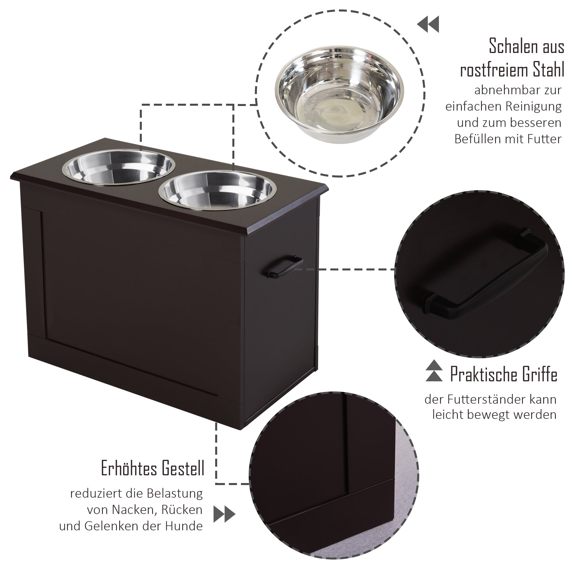 Dog Food Bowl, Elevated Feeder with Storage, 2 Stainless Steel Bowls, Espresso MDF