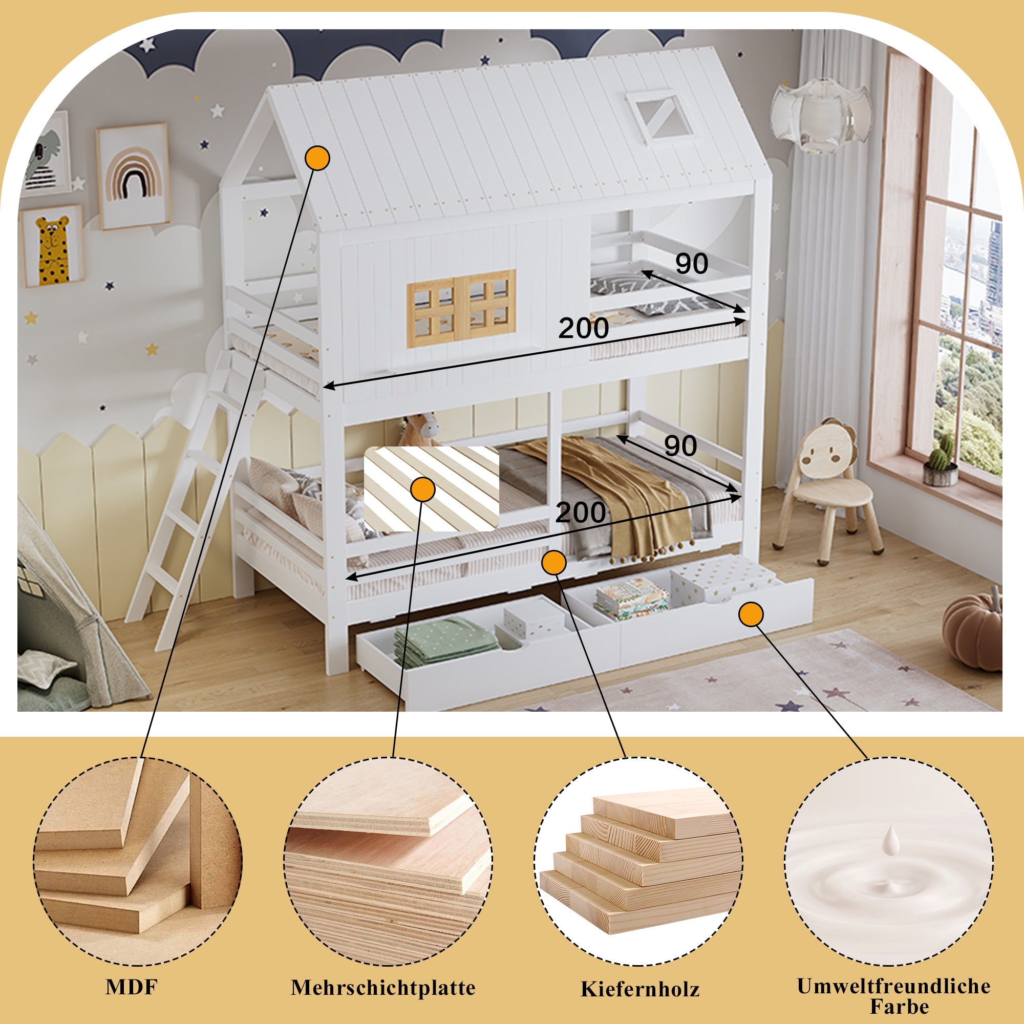 Bunk Bed 90x200cm House Design 2 Drawers Ladder - White/Natural