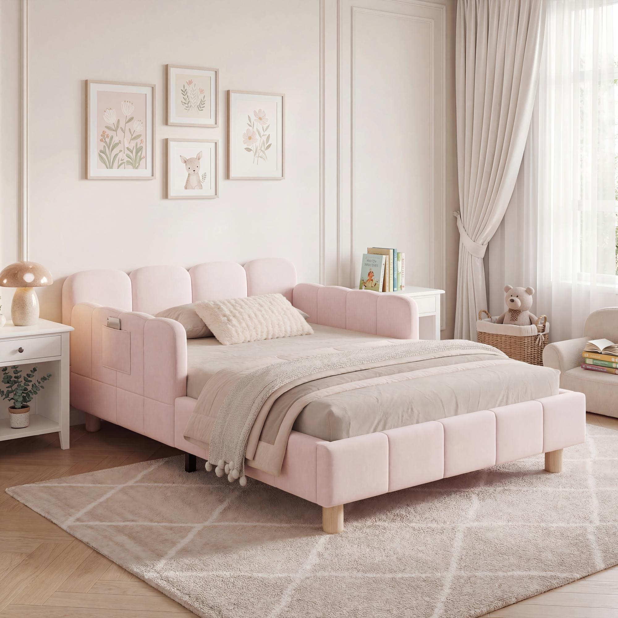 Upholstered Children's Single Bed with Headboard and Safety Rail, 90x200cm, Pink Velvet