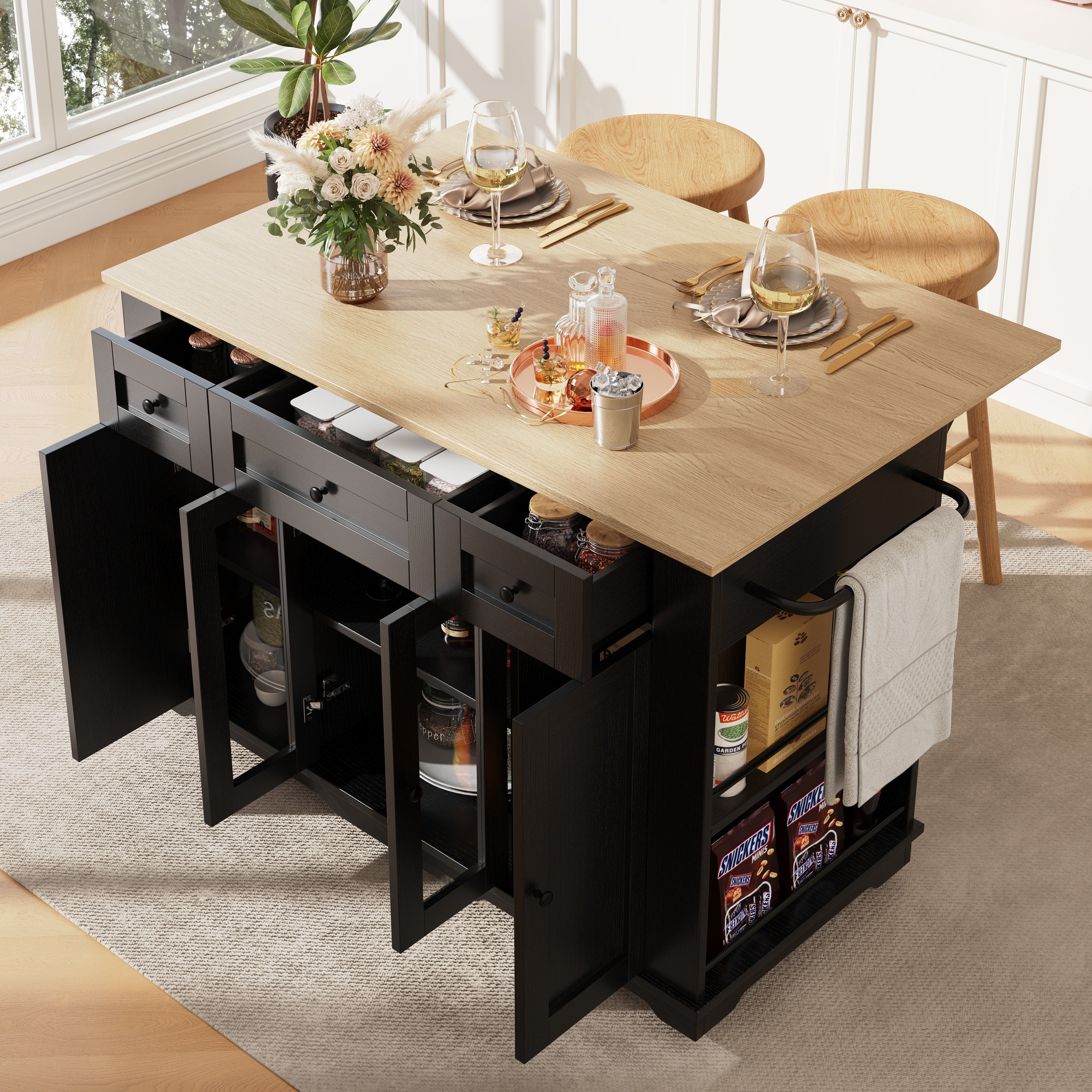 Kitchen Island, 151.5x60x91.7cm Removable Partitions Worktop Tempered Glass Cabinet, White/Black