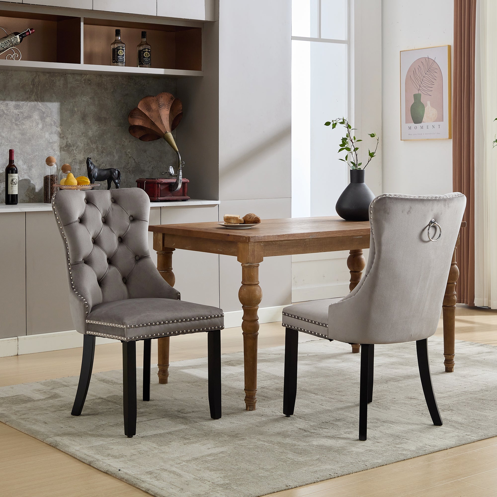 Upholstered Velvet Dining Chairs, Button Tufted with Solid Wood Legs, Riveted Trim & Knocker Ring, Set of 6, Grey