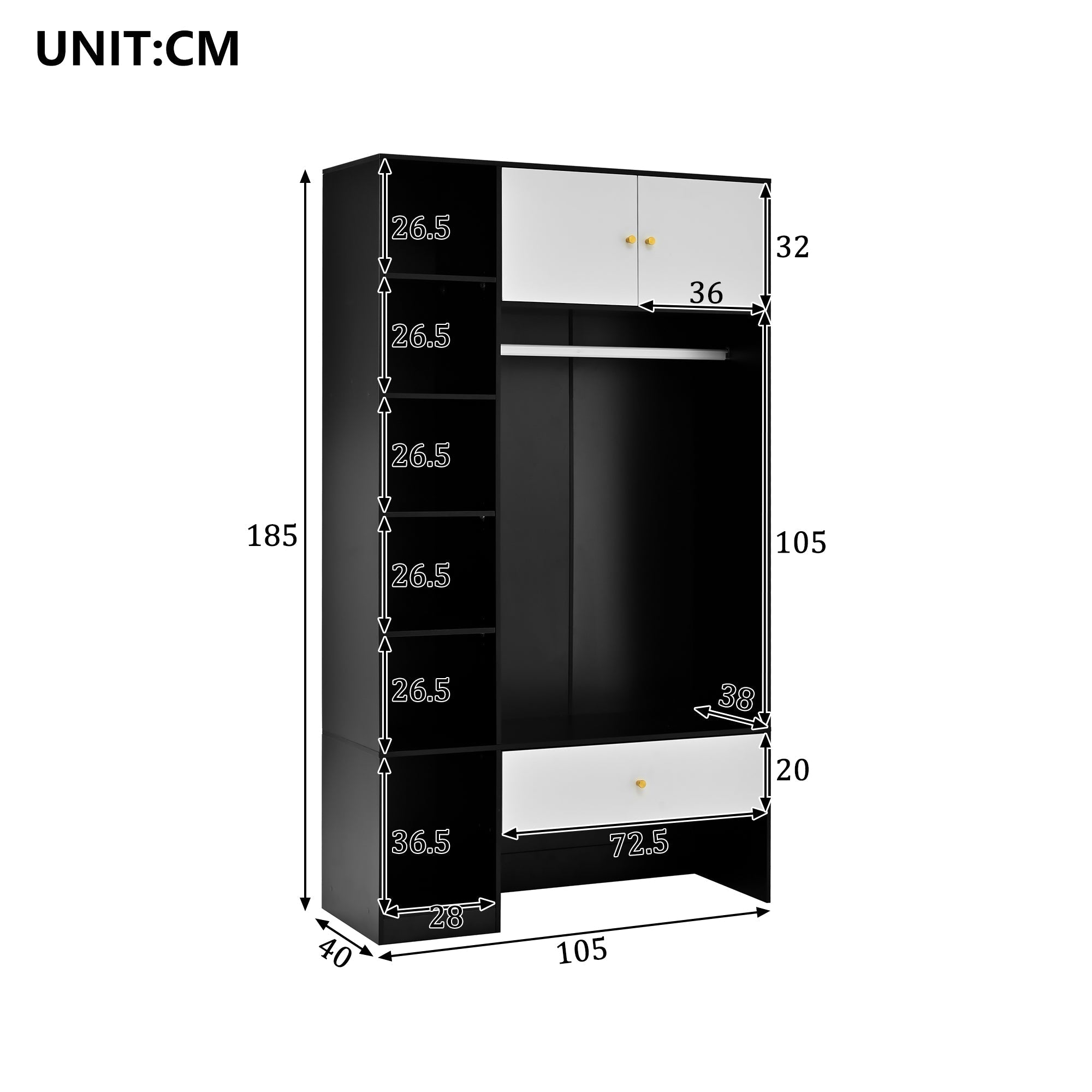Compact Wardrobe Set 2 Doors 6 Compartments Clothes Rail Drawer Black and White