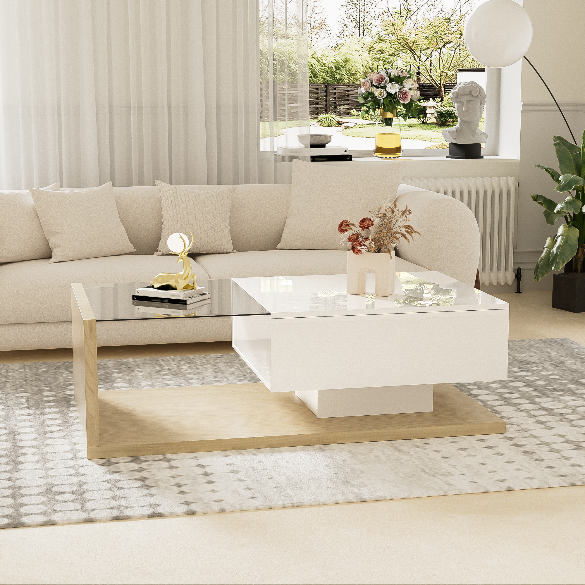 Coffee Table, High-Gloss White & Wood with Glass and LED Effect