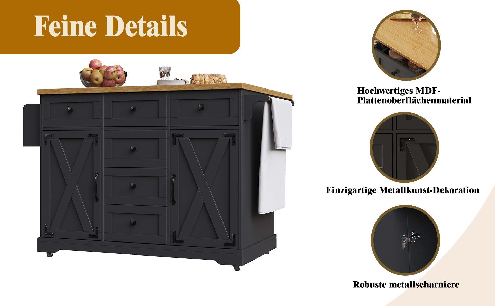 Kitchen Island with Multifunctional Serving Trolley and Large Storage Space, Black Wood Grain
