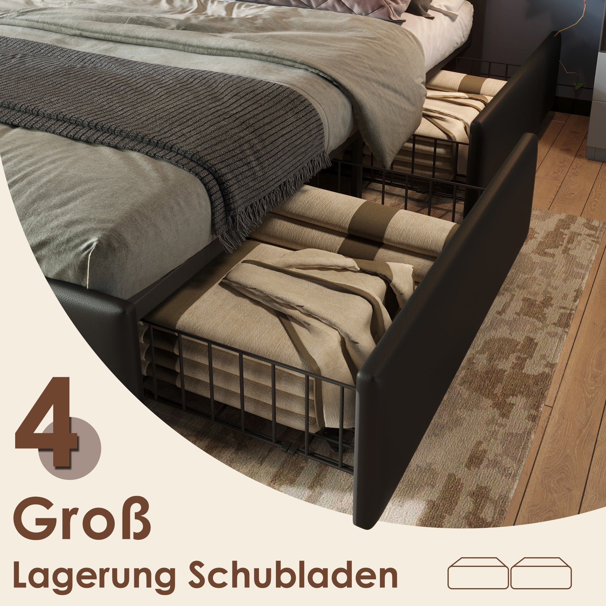 Bed Frame, LED, 4 Drawers, Adjustable Headboard, Single 90x200cm, PU Black