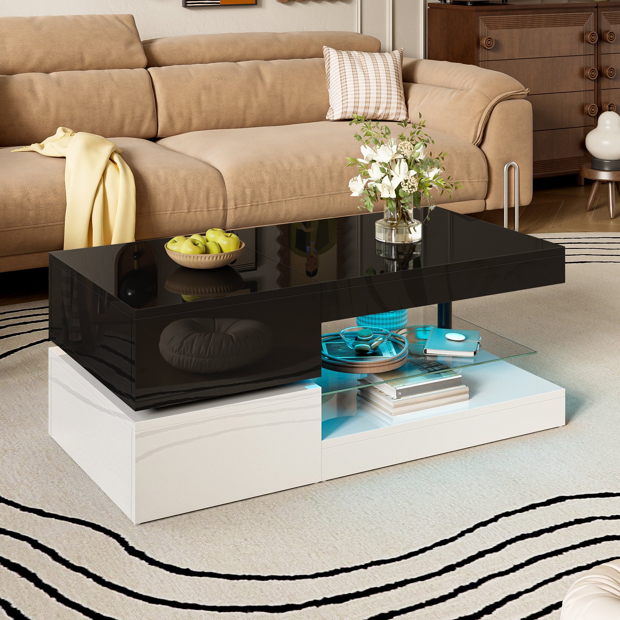 Coffee Table with LED Lighting, Bluetooth, Glass Shelf, Black & White
