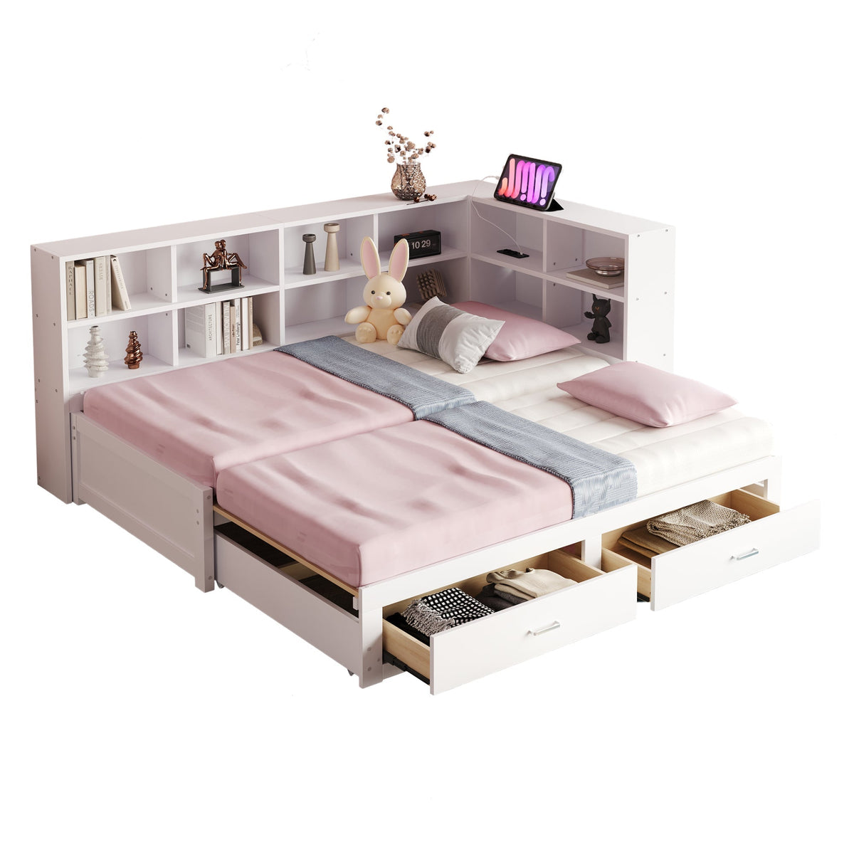 Solid Wood Sofa Bed 90/180*190cm Pull-Out Storage Drawers, White
