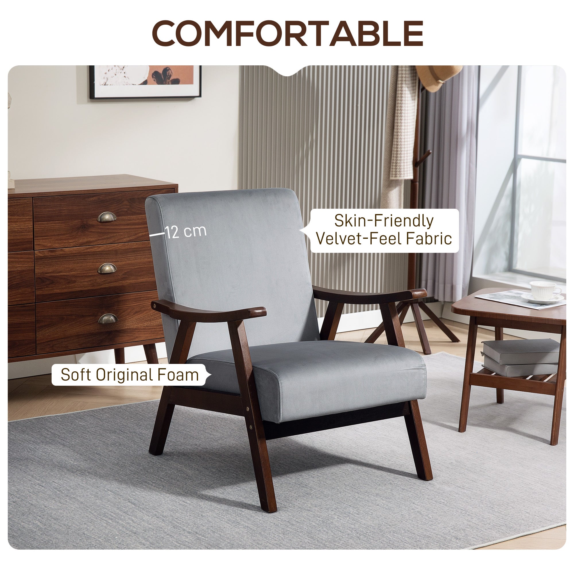 Nordic Accent Chair, Upholstered Armchair with Solid Wood Frame, Velvet Grey