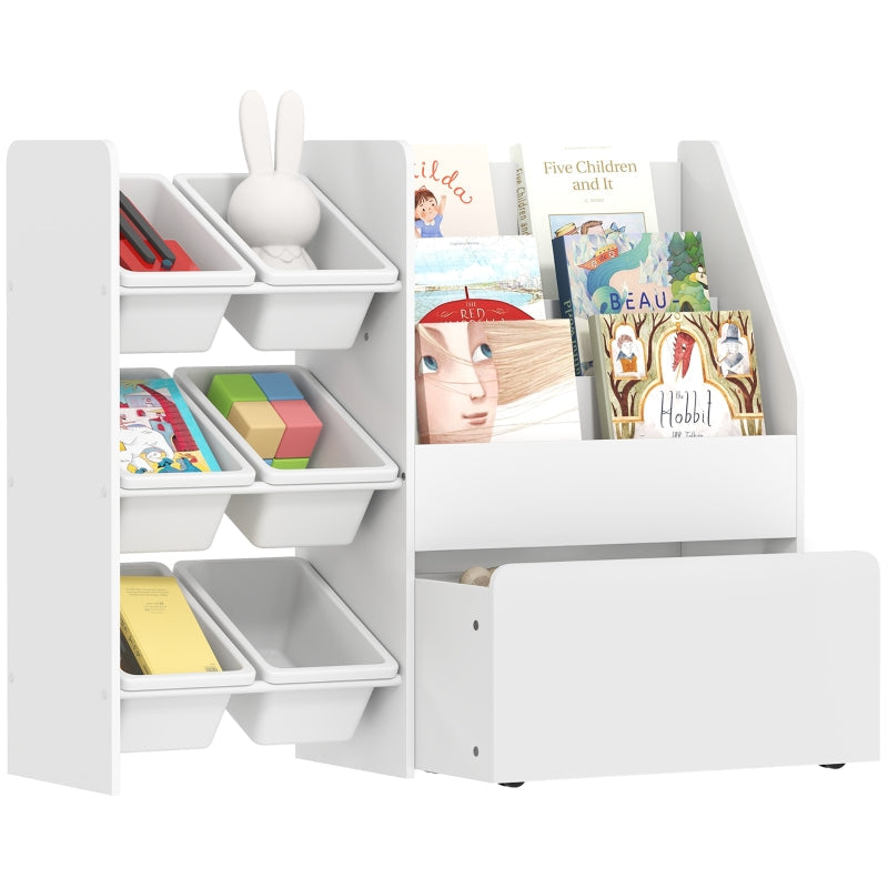 Children's Toy Shelf, 6 Containers Book Display Rolling Box 100x30x80cm, MDF Steel White