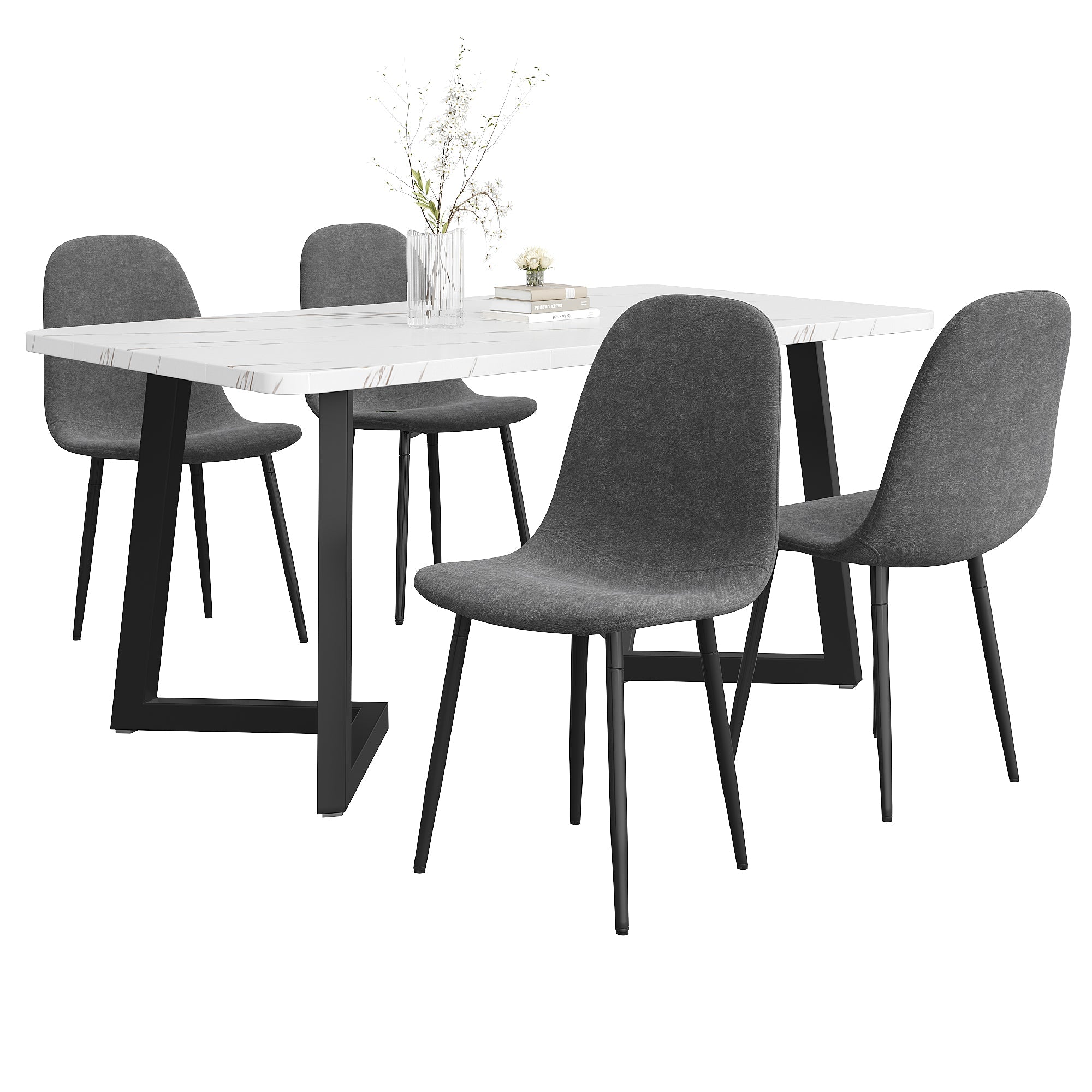 Dining Set (5-Piece) with 4 Modern Chairs, Metal Legs, Grey Linen/Black Table Legs