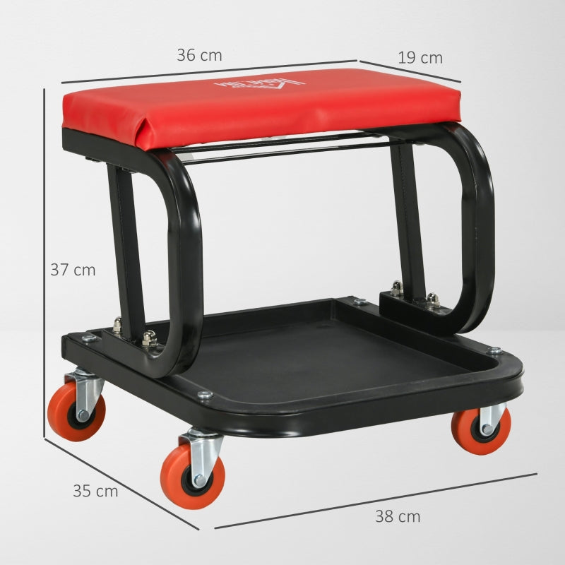 Workshop Stool, Rolling 360° Swivel Padded Seat Tool Tray, Red